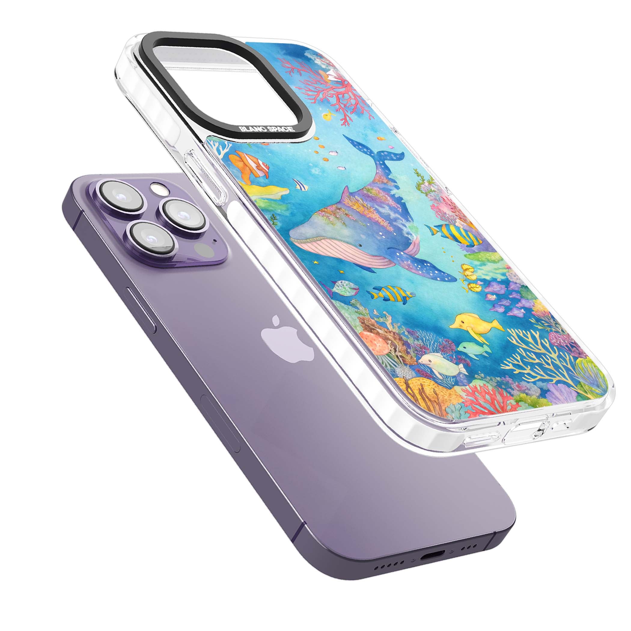 Coral Lagoon ocean iPhone case featuring a watercolour whale, coral reef and tropical fish | Clear Impact case for iPhone 13 Pro, iPhone 14 Pro, iPhone 15 Pro