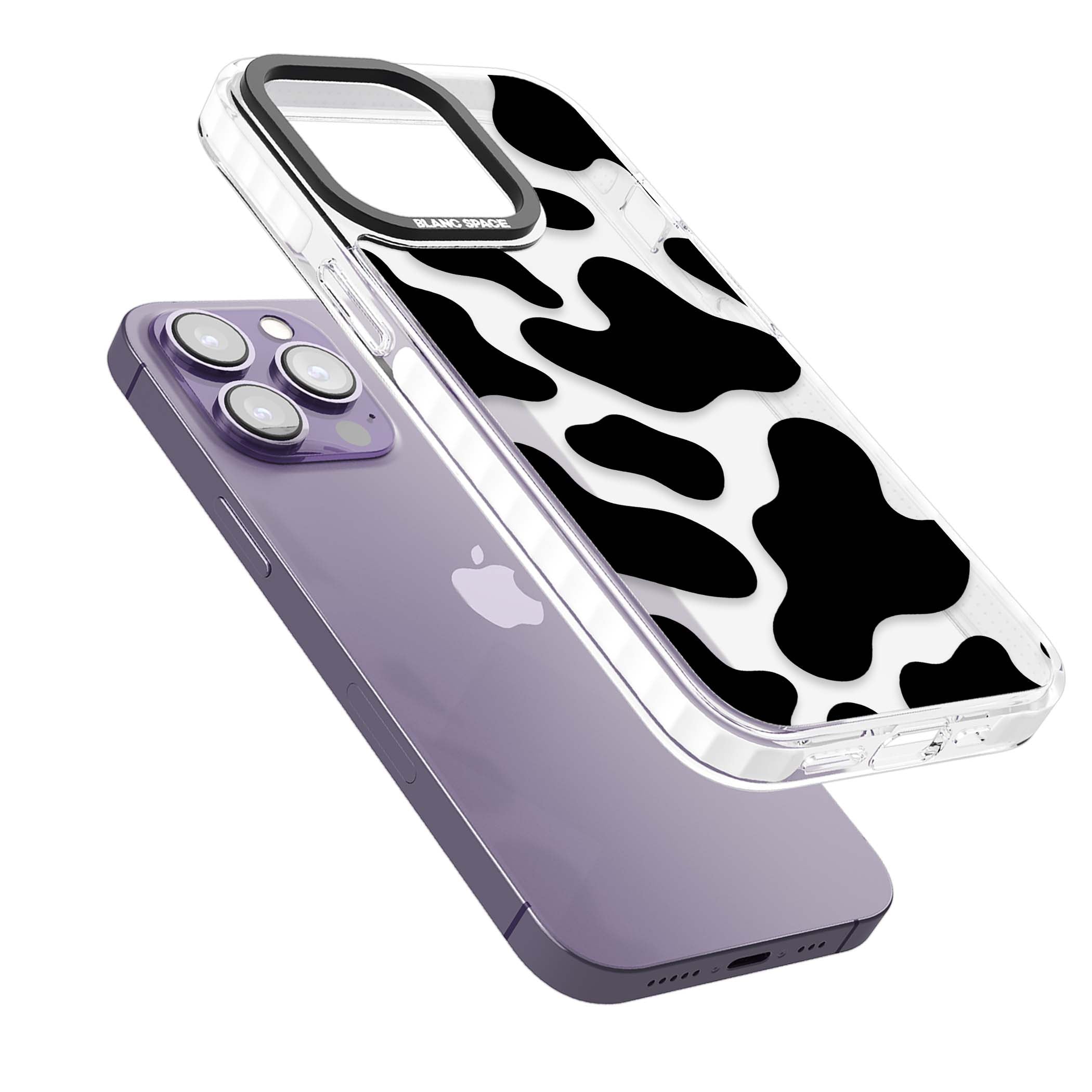 Clear Cow Print cow print iPhone case featuring black and white cow pattern splotches on a clear background | Clear Impact case for iPhone 13 Pro, iPhone 14 Pro, iPhone 15 Pro