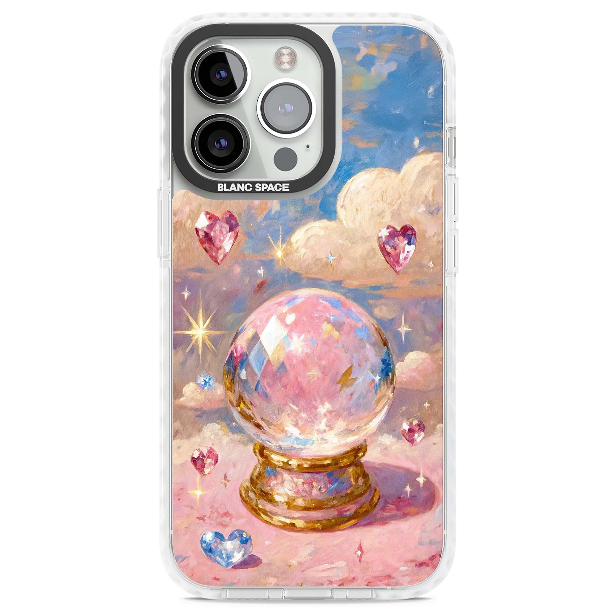 Crystal Ball fairycore iPhone case featuring a painted crystal ball, heart gemstones, and pastel clouds | Clear Impact case for iPhone 13 Pro, iPhone 14 Pro, iPhone 15 Pro