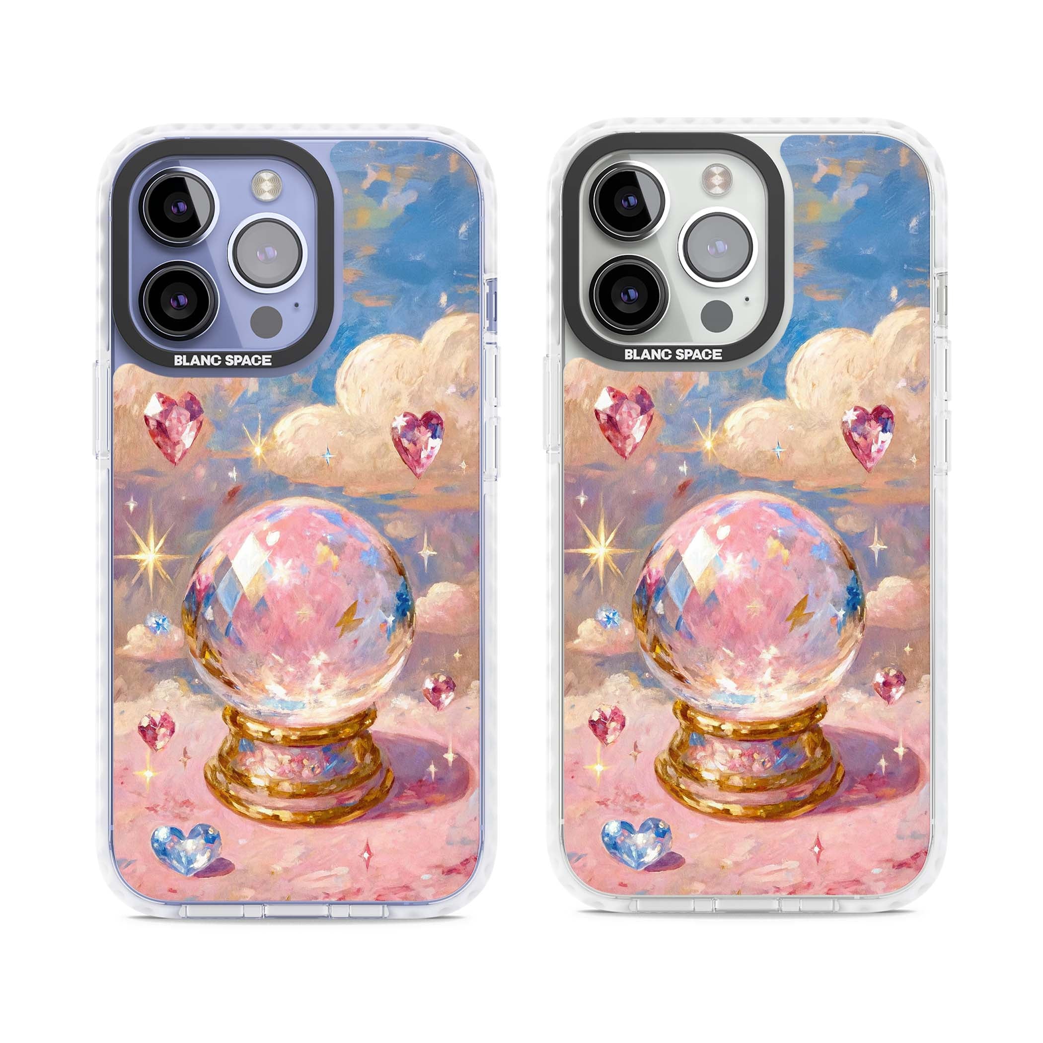 Crystal Ball fairycore iPhone case featuring a painted crystal ball, heart gemstones, and pastel clouds | Clear Impact case for iPhone 13 Pro, iPhone 14 Pro, iPhone 15 Pro