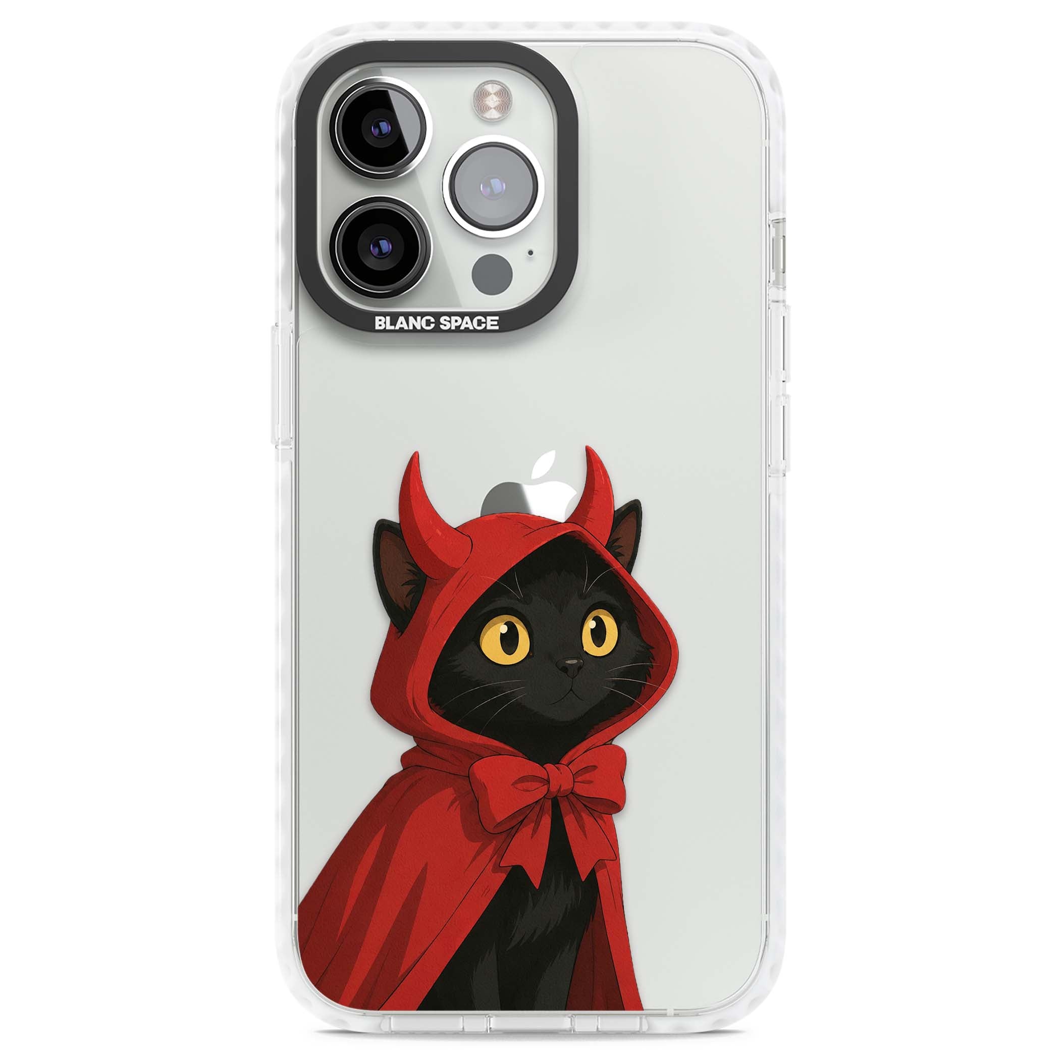Little Devil halloween iPhone case featuring a black cat in a red hooded devil cloak with horns and golden eyes | Clear Impact case for iPhone 13 Pro, iPhone 14 Pro, iPhone 15 Pro