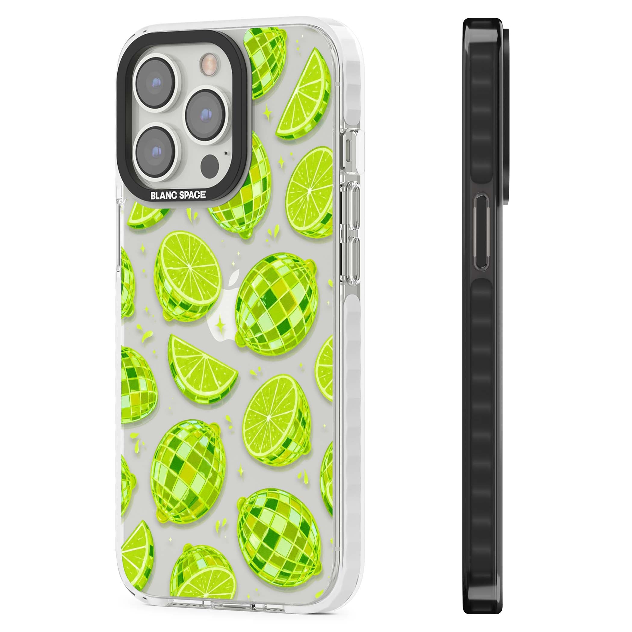 Disco Limes fruit aesthetic iPhone case featuring green disco balls, lime slices and citrus sparkles | Clear Impact case for iPhone 13 Pro, iPhone 14 Pro, iPhone 15 Pro