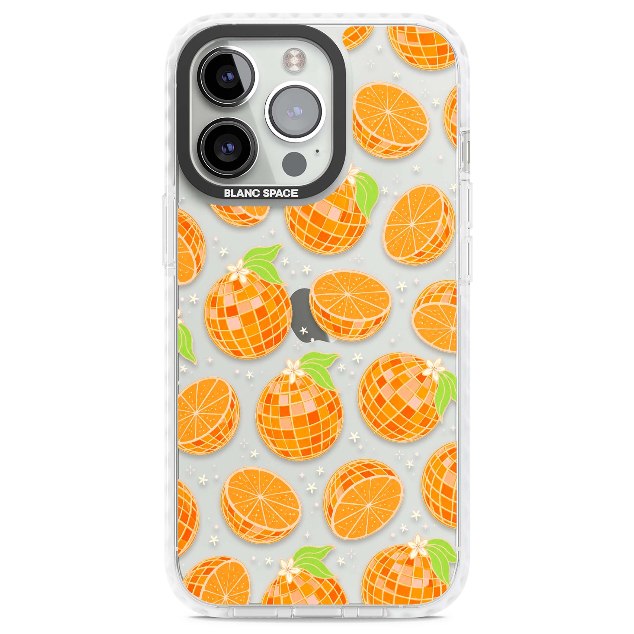 Disco Oranges retro iPhone case featuring mirrorball oranges, citrus slices and tiny blossoms on clear | Clear Impact case for iPhone 13 Pro, iPhone 14 Pro, iPhone 15 Pro