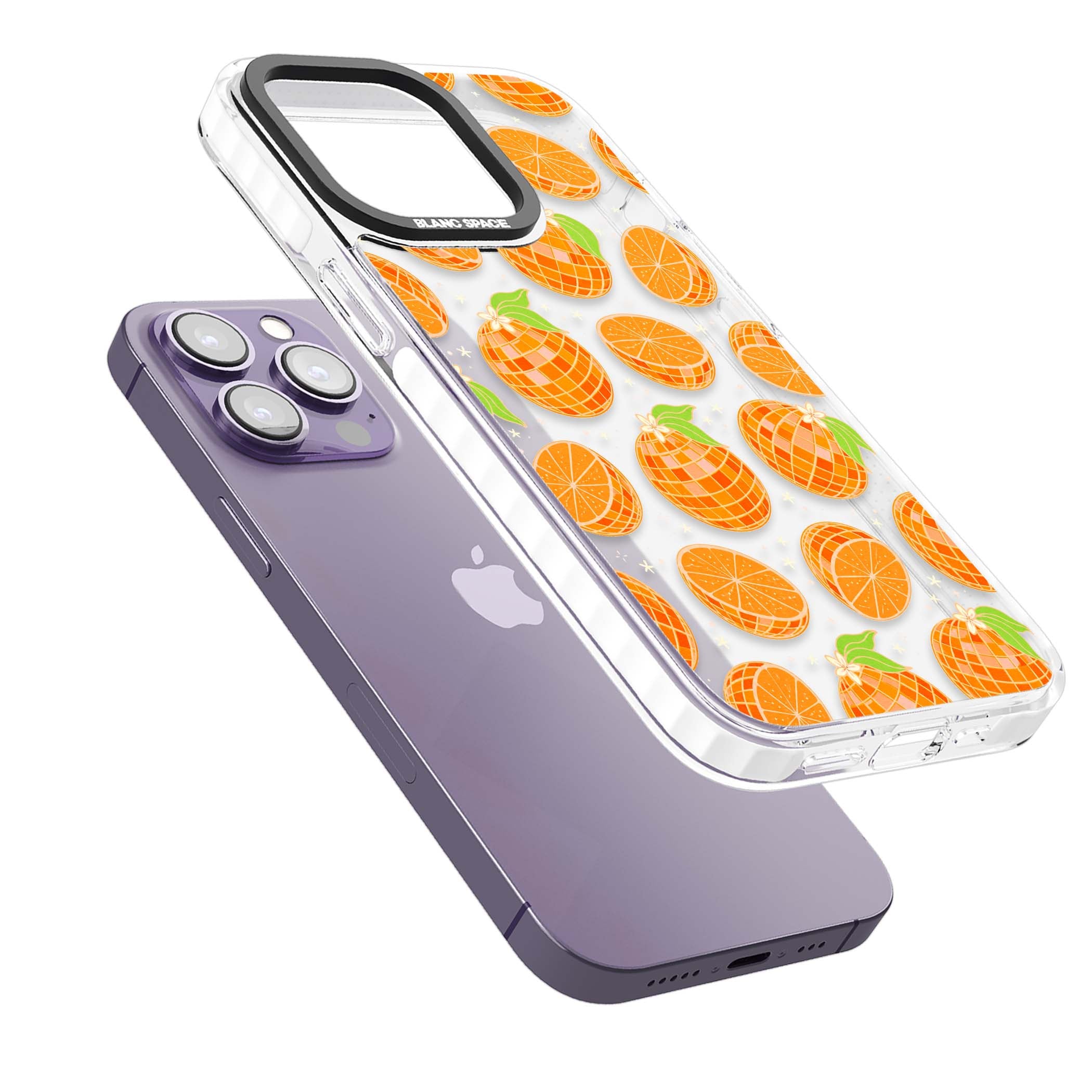 Disco Oranges retro iPhone case featuring mirrorball oranges, citrus slices and tiny blossoms on clear | Clear Impact case for iPhone 13 Pro, iPhone 14 Pro, iPhone 15 Pro