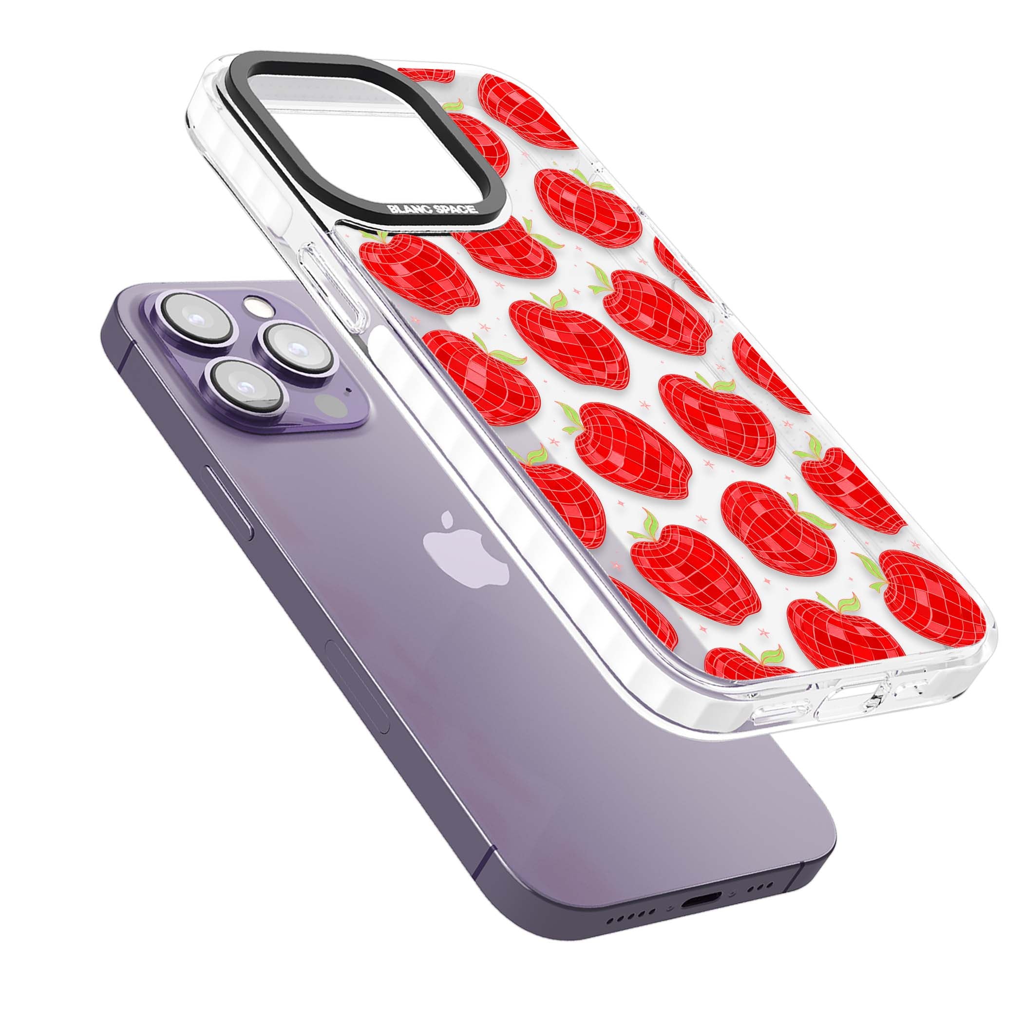Disco Apples Y2K iPhone case featuring red disco ball apples, green leaves and pink sparkles on clear | Clear Impact case for iPhone 13 Pro, iPhone 14 Pro, iPhone 15 Pro