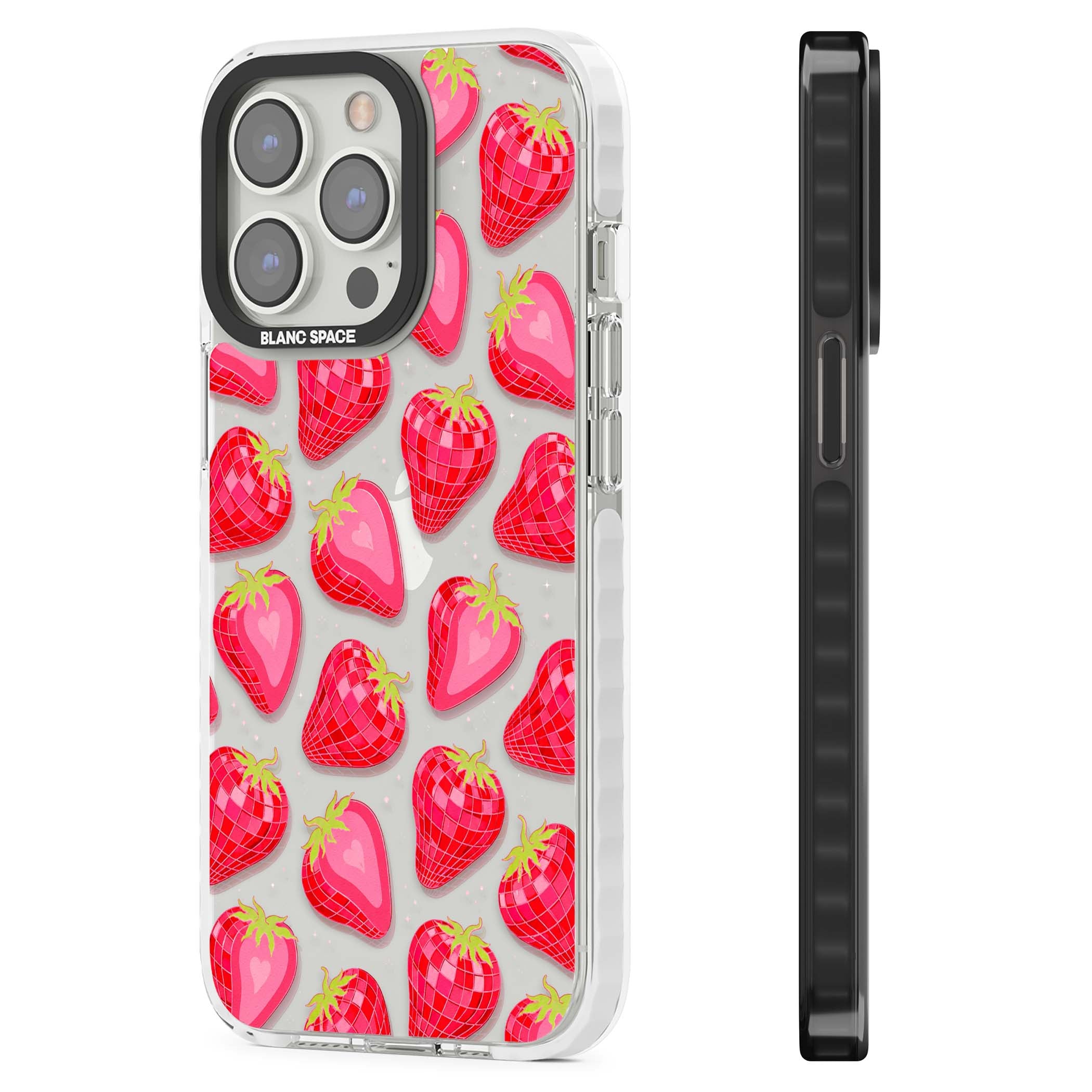 Disco Strawberry Y2K iPhone case featuring pink disco-ball strawberries, green leaves and tiny sparkles | Clear Impact case for iPhone 13 Pro, iPhone 14 Pro, iPhone 15 Pro