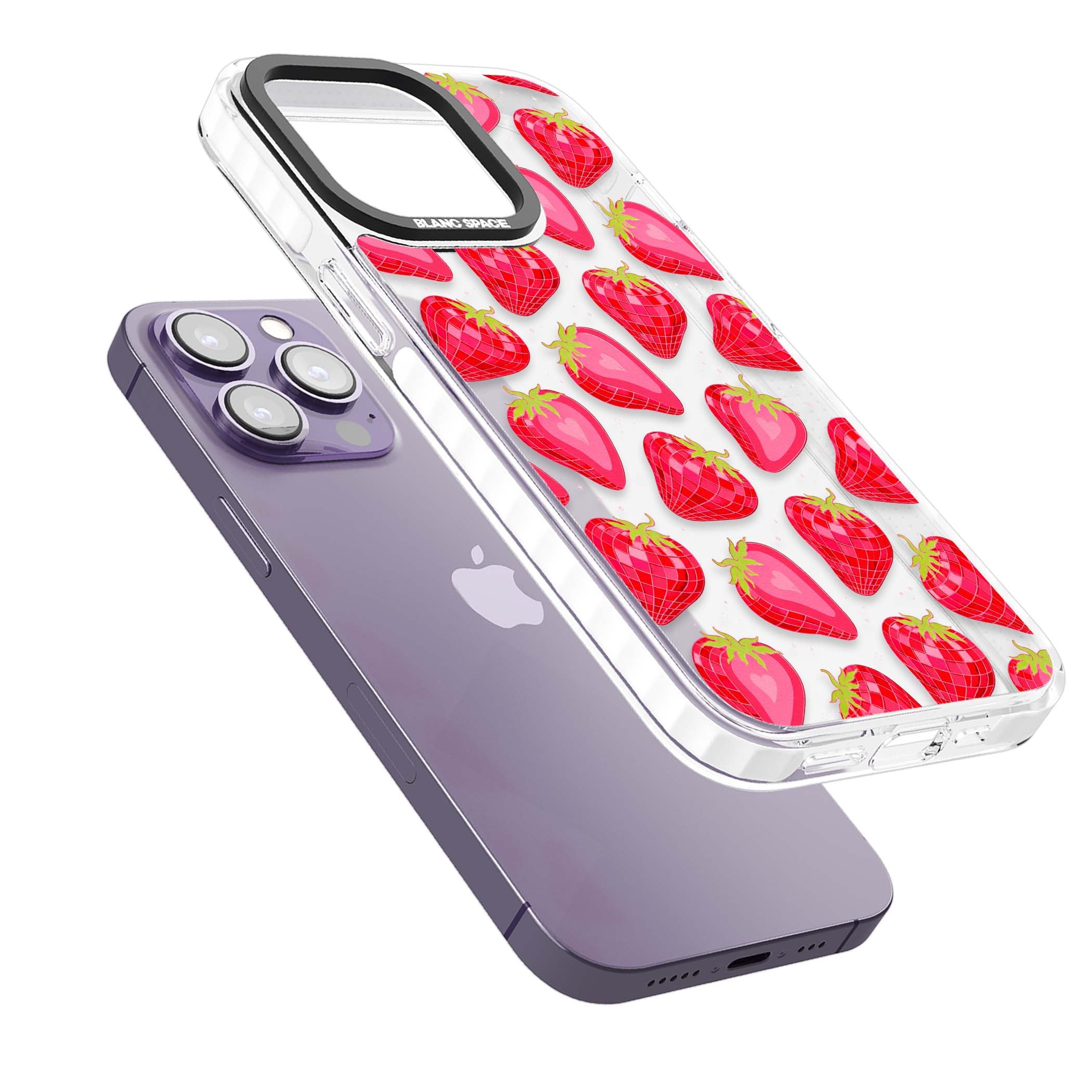 Disco Strawberry Y2K iPhone case featuring pink disco-ball strawberries, green leaves and tiny sparkles | Clear Impact case for iPhone 13 Pro, iPhone 14 Pro, iPhone 15 Pro