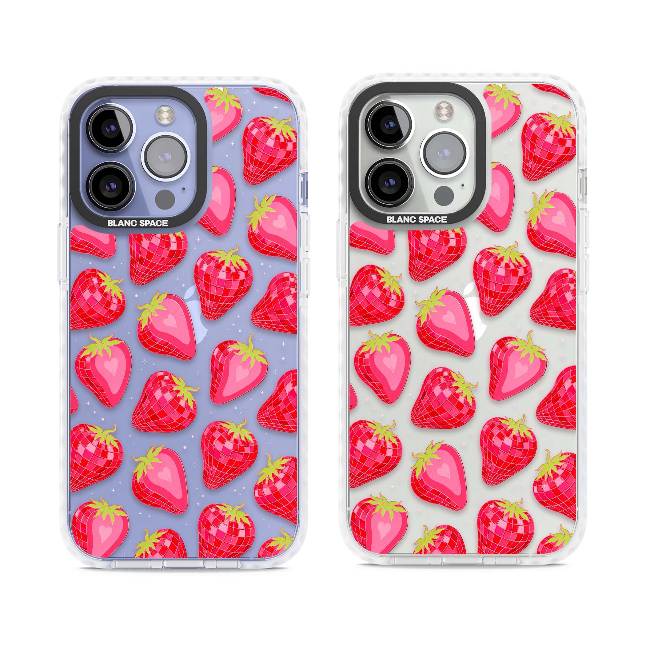Disco Strawberry Y2K iPhone case featuring pink disco-ball strawberries, green leaves and tiny sparkles | Clear Impact case for iPhone 13 Pro, iPhone 14 Pro, iPhone 15 Pro