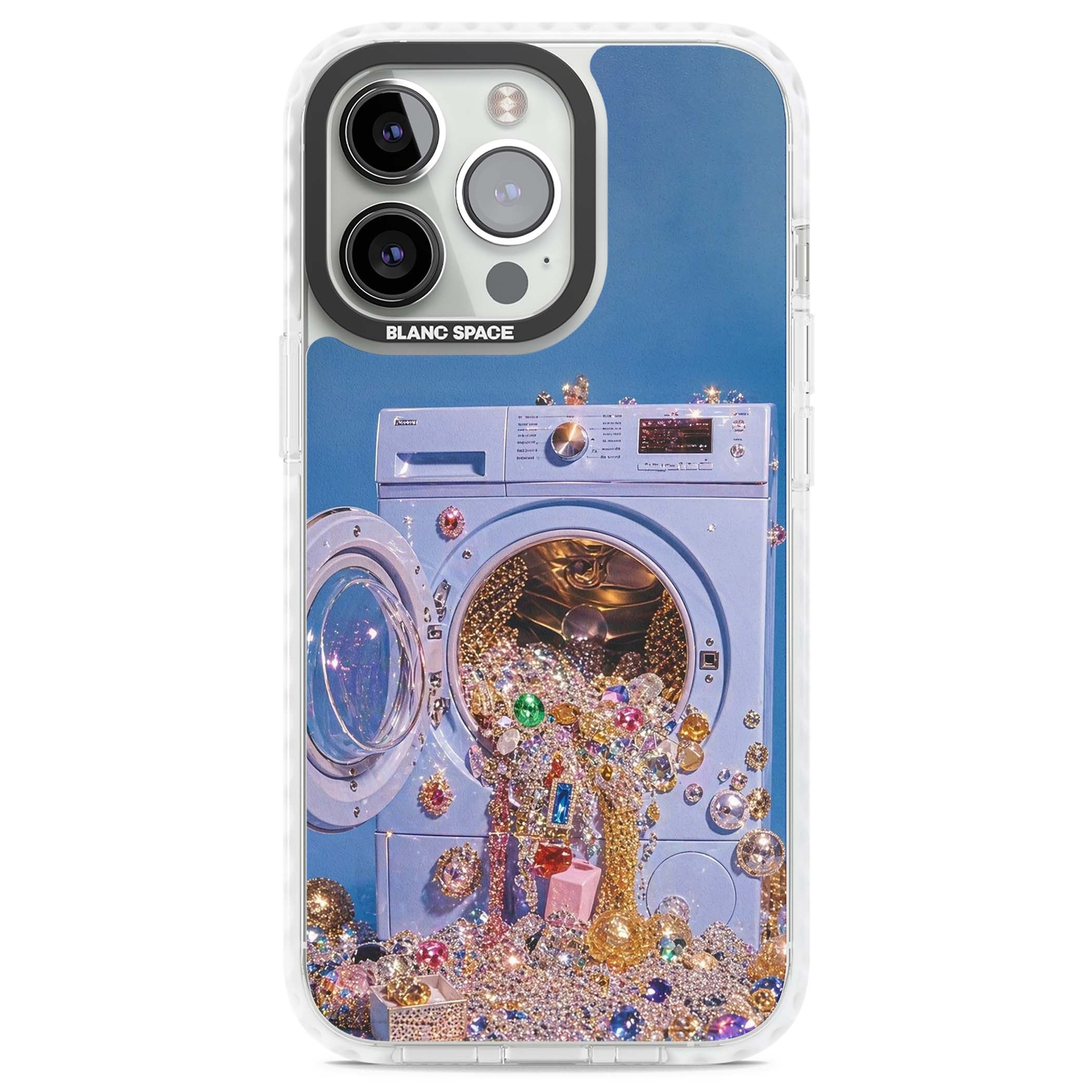 Gem Laundry baddie iPhone case featuring a surreal washing machine overflowing with colourful gemstones and crystals | Clear Impact case for iPhone 13 Pro, iPhone 14 Pro, iPhone 15 Pro