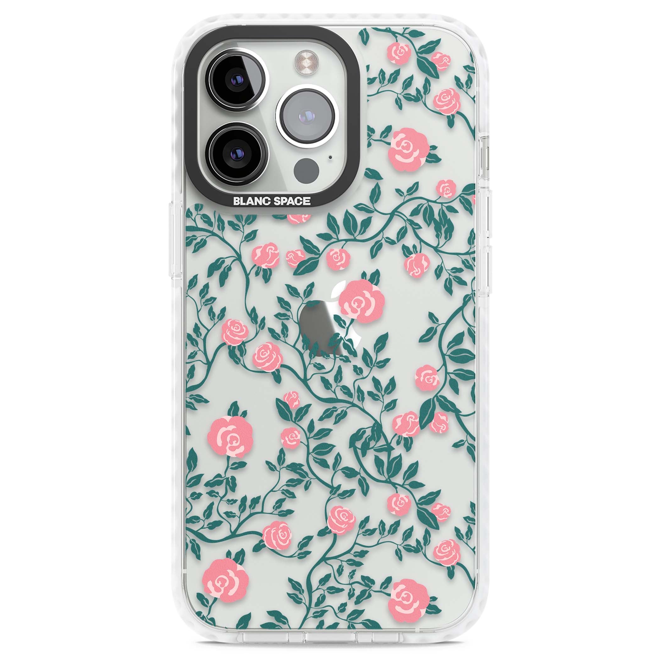 Rose Trellis (Clear) cottagecore iPhone case featuring pink climbing roses and green leaves on clear background | Clear Impact case for iPhone 13 Pro, iPhone 14 Pro, iPhone 15 Pro