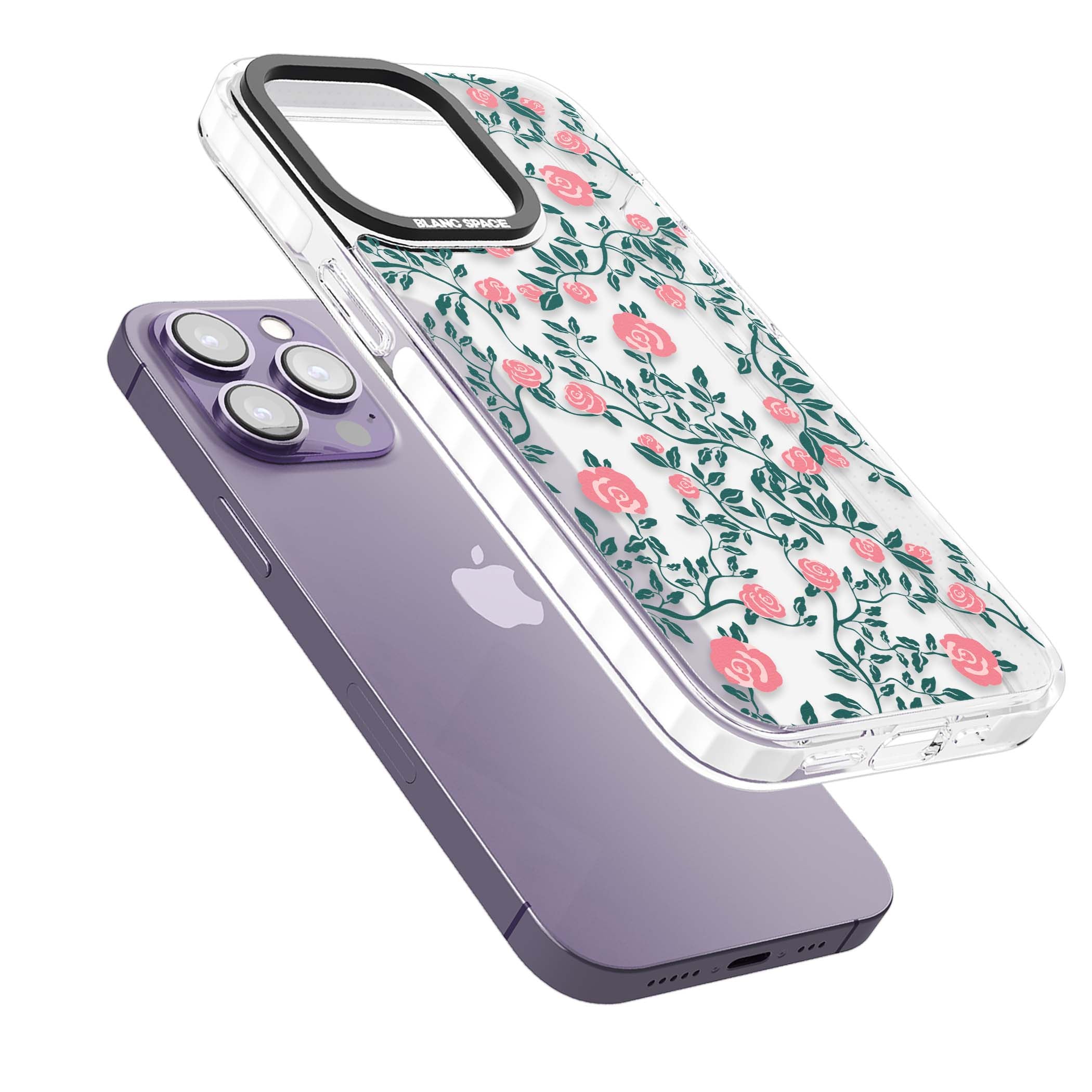 Rose Trellis (Clear) cottagecore iPhone case featuring pink climbing roses and green leaves on clear background | Clear Impact case for iPhone 13 Pro, iPhone 14 Pro, iPhone 15 Pro