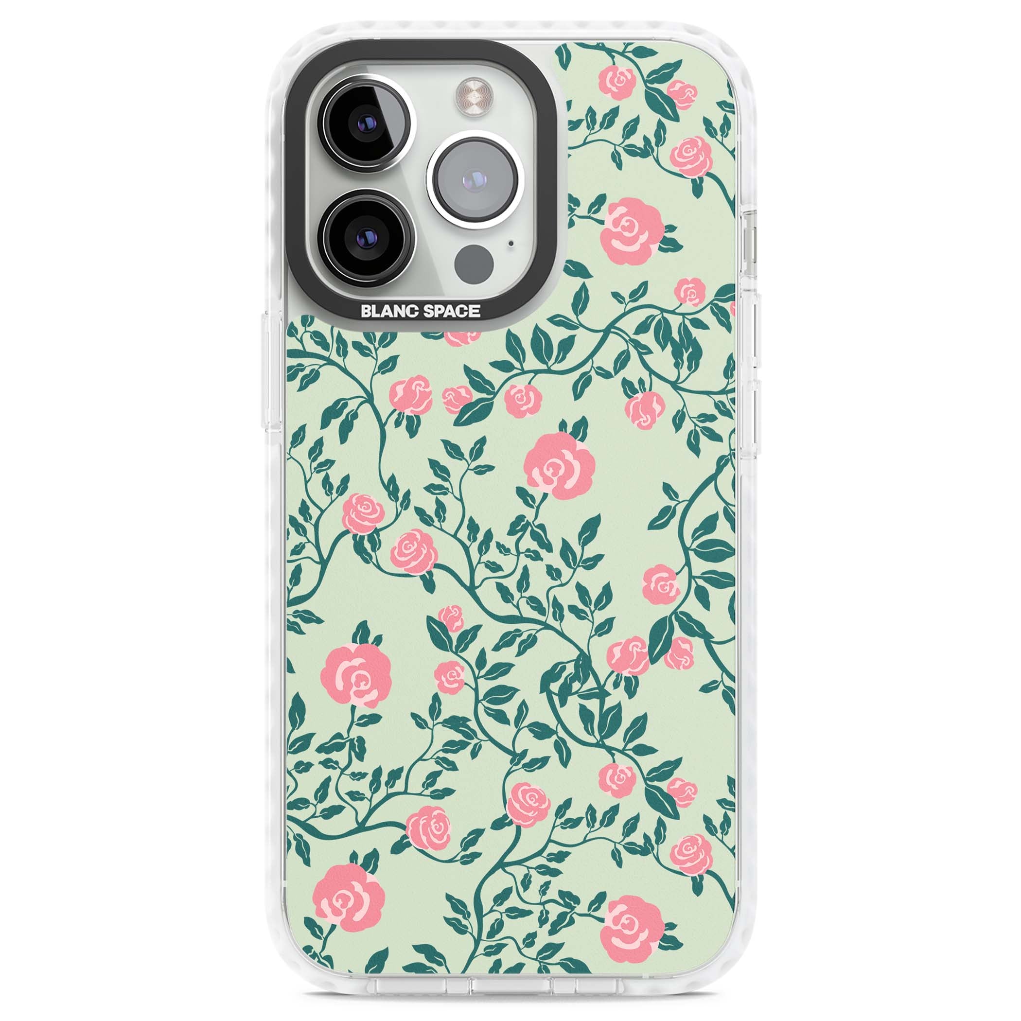 Rose Trellis cottagecore iPhone case featuring pink roses, sage green vines, and mint background | Clear Impact case for iPhone 13 Pro, iPhone 14 Pro, iPhone 15 Pro