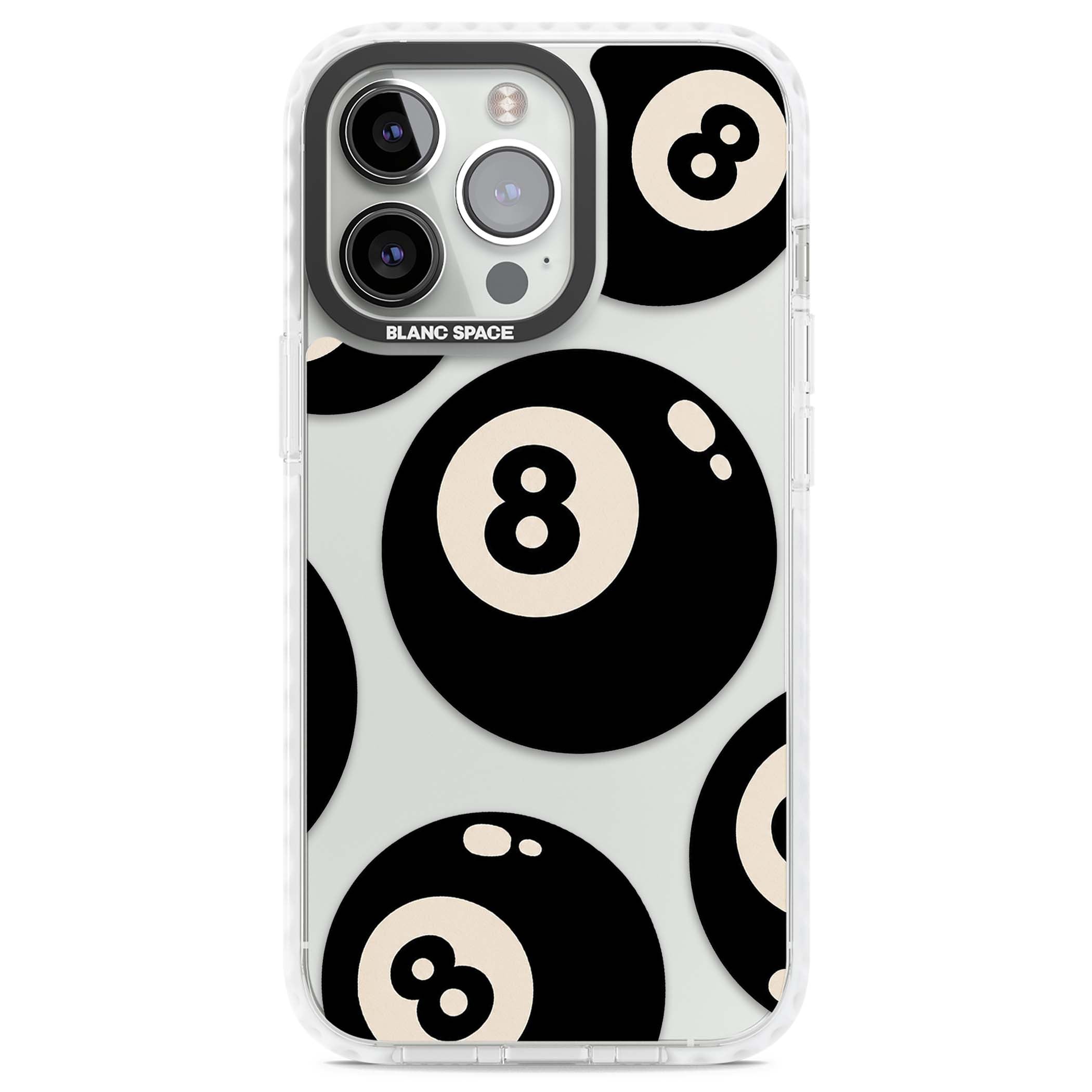 Eights y2k iPhone case featuring scattered black 8 balls with cream highlights on a clear background | Clear Impact case for iPhone 13 Pro, iPhone 14 Pro, iPhone 15 Pro