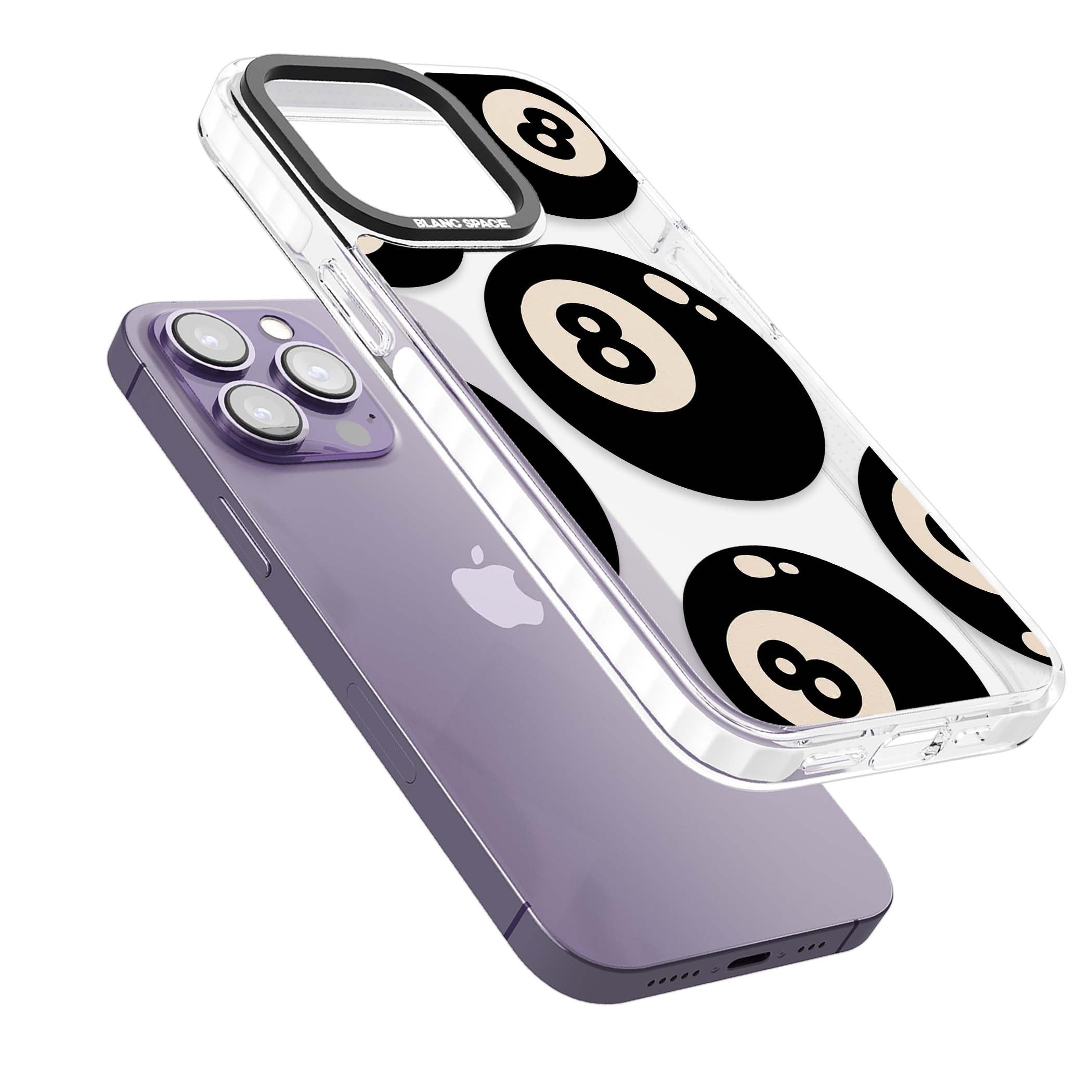 Eights y2k iPhone case featuring scattered black 8 balls with cream highlights on a clear background | Clear Impact case for iPhone 13 Pro, iPhone 14 Pro, iPhone 15 Pro
