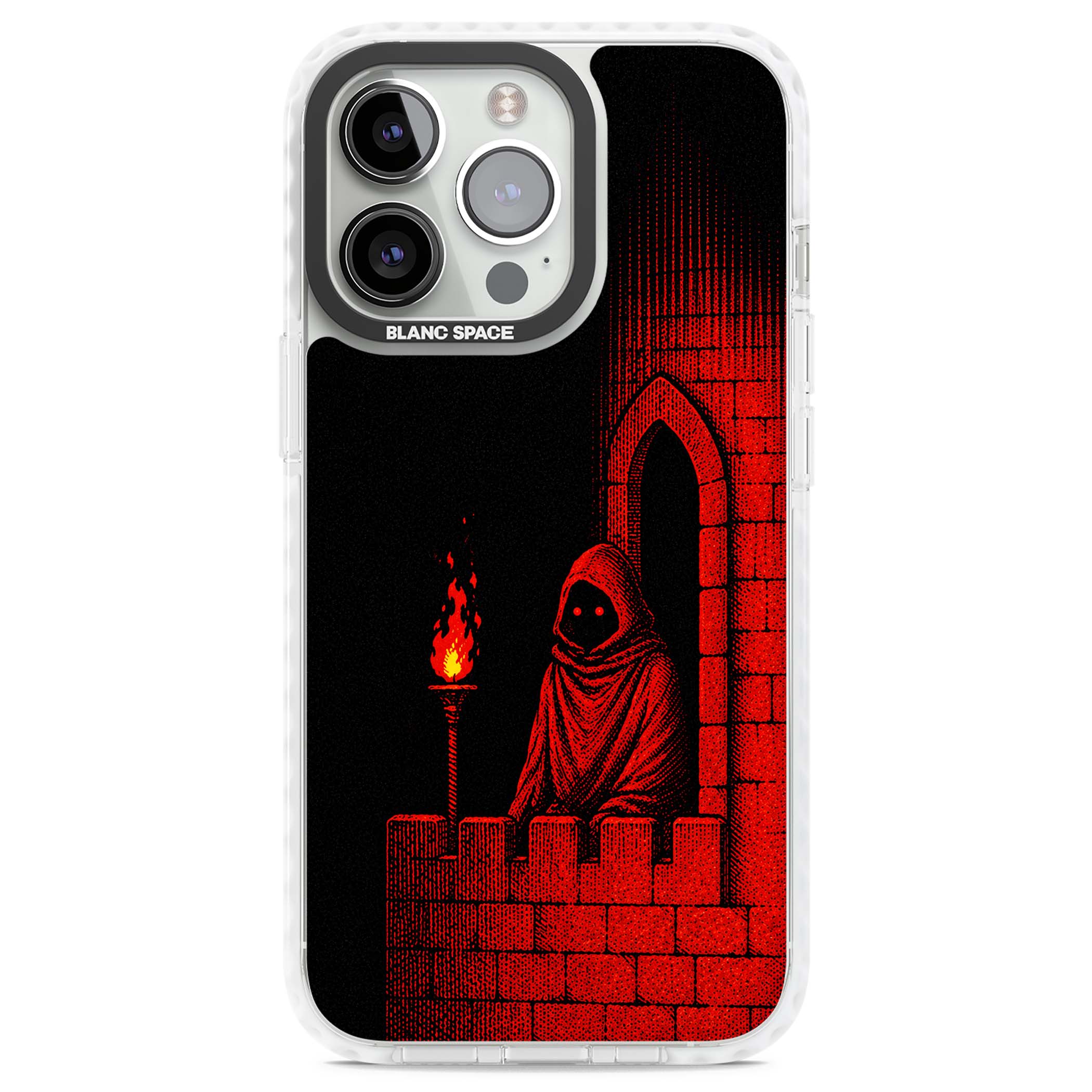 Crimson Crypt gothic iPhone case featuring a hooded reaper, torchlit crypt archway and red halftone horror art | Clear Impact case for iPhone 13 Pro, iPhone 14 Pro, iPhone 15 Pro