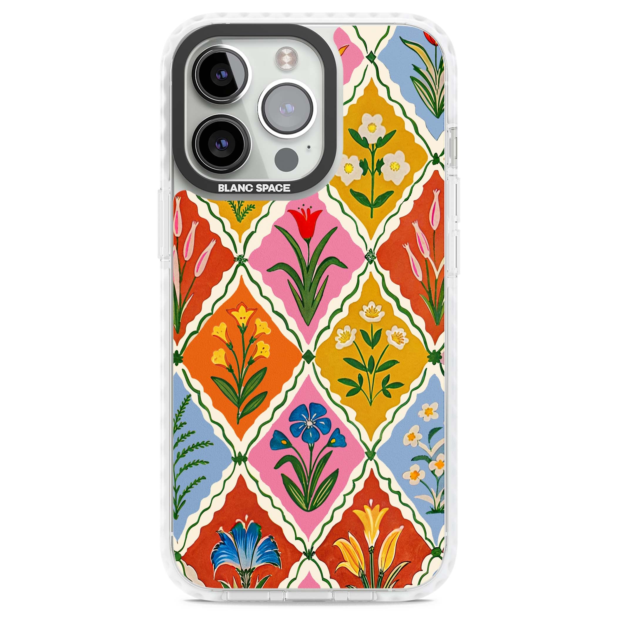 Floral Quilt boho floral iPhone case featuring diamond lattice pattern, hand-painted tulips and folk art wildflowers | Clear Impact case for iPhone 13 Pro, iPhone 14 Pro, iPhone 15 Pro