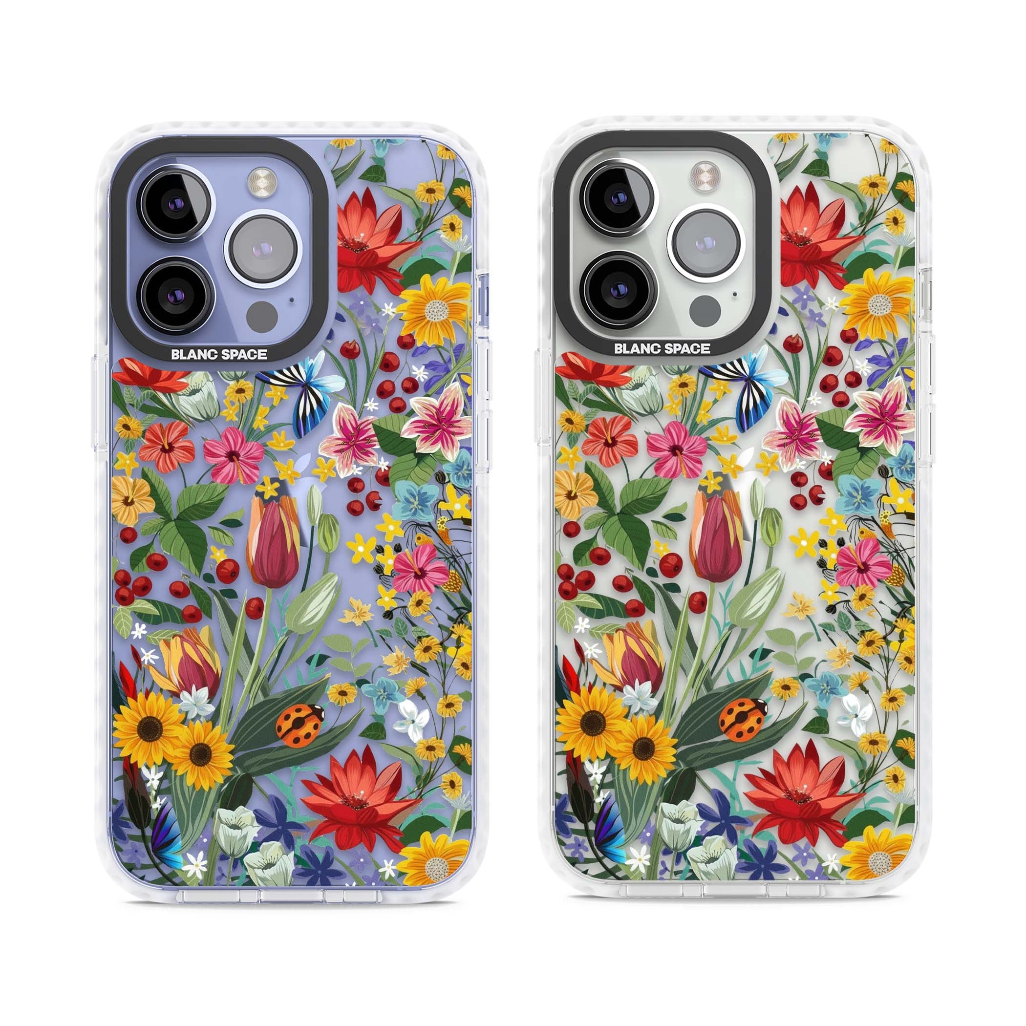 Botanical Bloom cottagecore iPhone case featuring colorful wildflowers, sunflowers, and ladybugs on clear background | Clear Impact case for iPhone 13 Pro, iPhone 14 Pro, iPhone 15 Pro