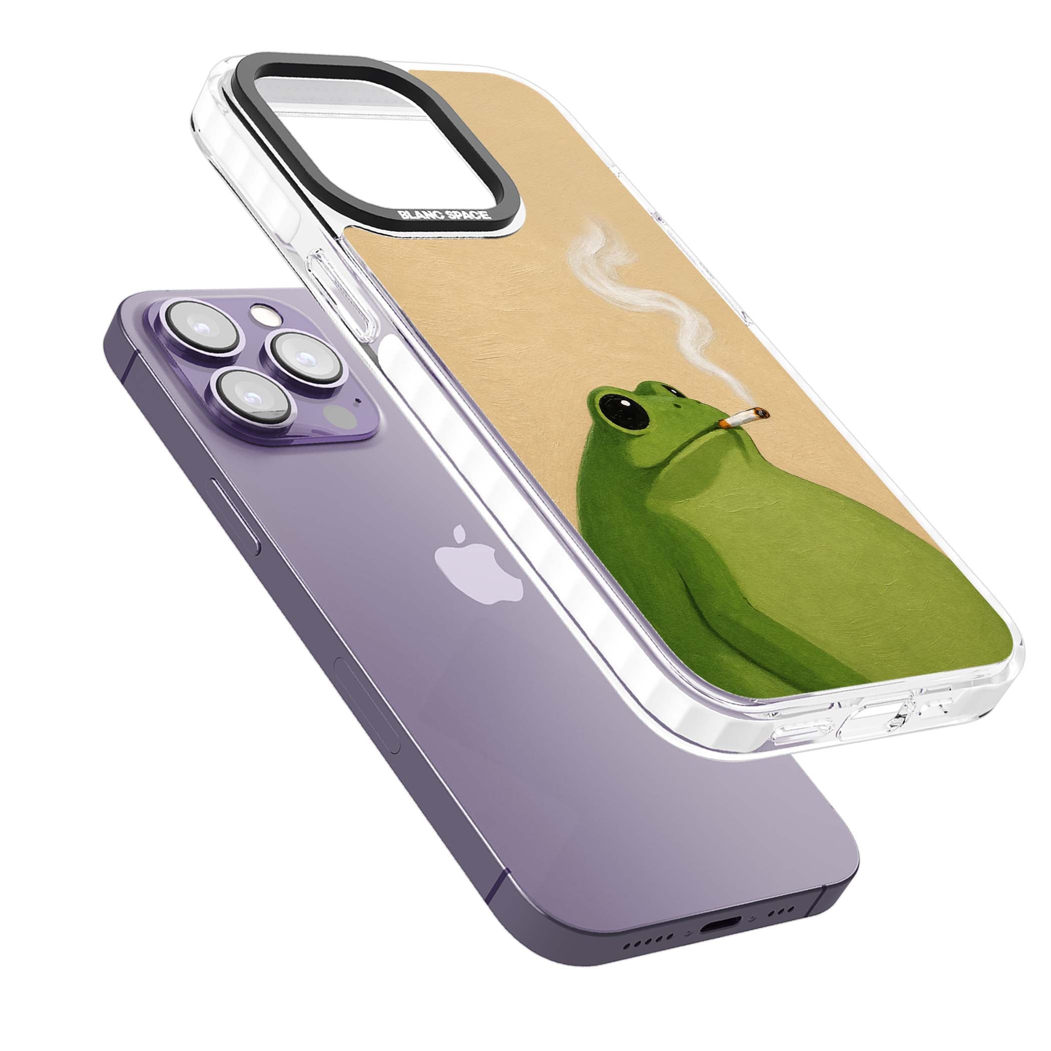 The Smoking Frog cottagecore iPhone case featuring a hand-painted green frog smoking a cigarette on a cream oil painting back | Clear Impact case for iPhone 13 Pro, iPhone 14 Pro, iPhone 15 Pro