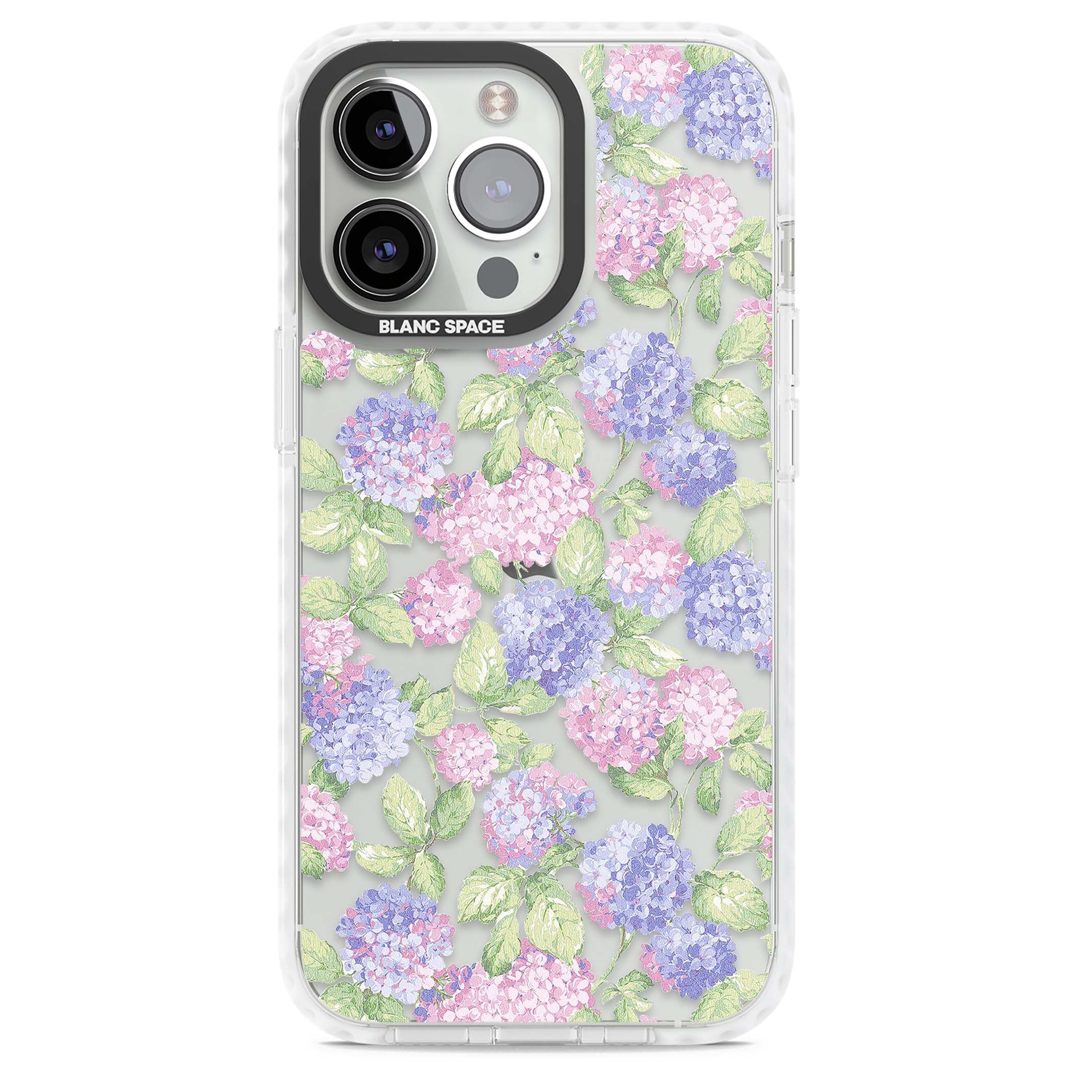 Cottage Hydrangea cottagecore iPhone case featuring pink and purple hydrangea blooms with green leaves on a clear background | Clear Impact case for iPhone 13 Pro, iPhone 14 Pro, iPhone 15 Pro
