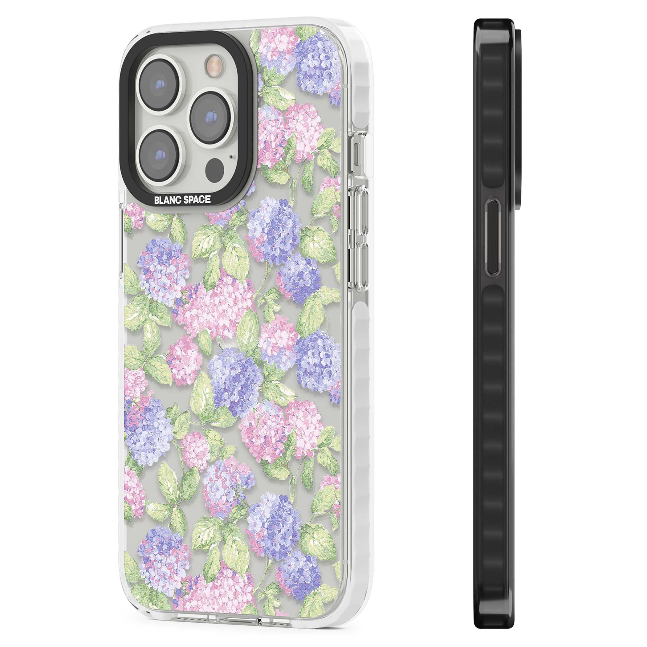 Cottage Hydrangea cottagecore iPhone case featuring pink and purple hydrangea blooms with green leaves on a clear background | Clear Impact case for iPhone 13 Pro, iPhone 14 Pro, iPhone 15 Pro