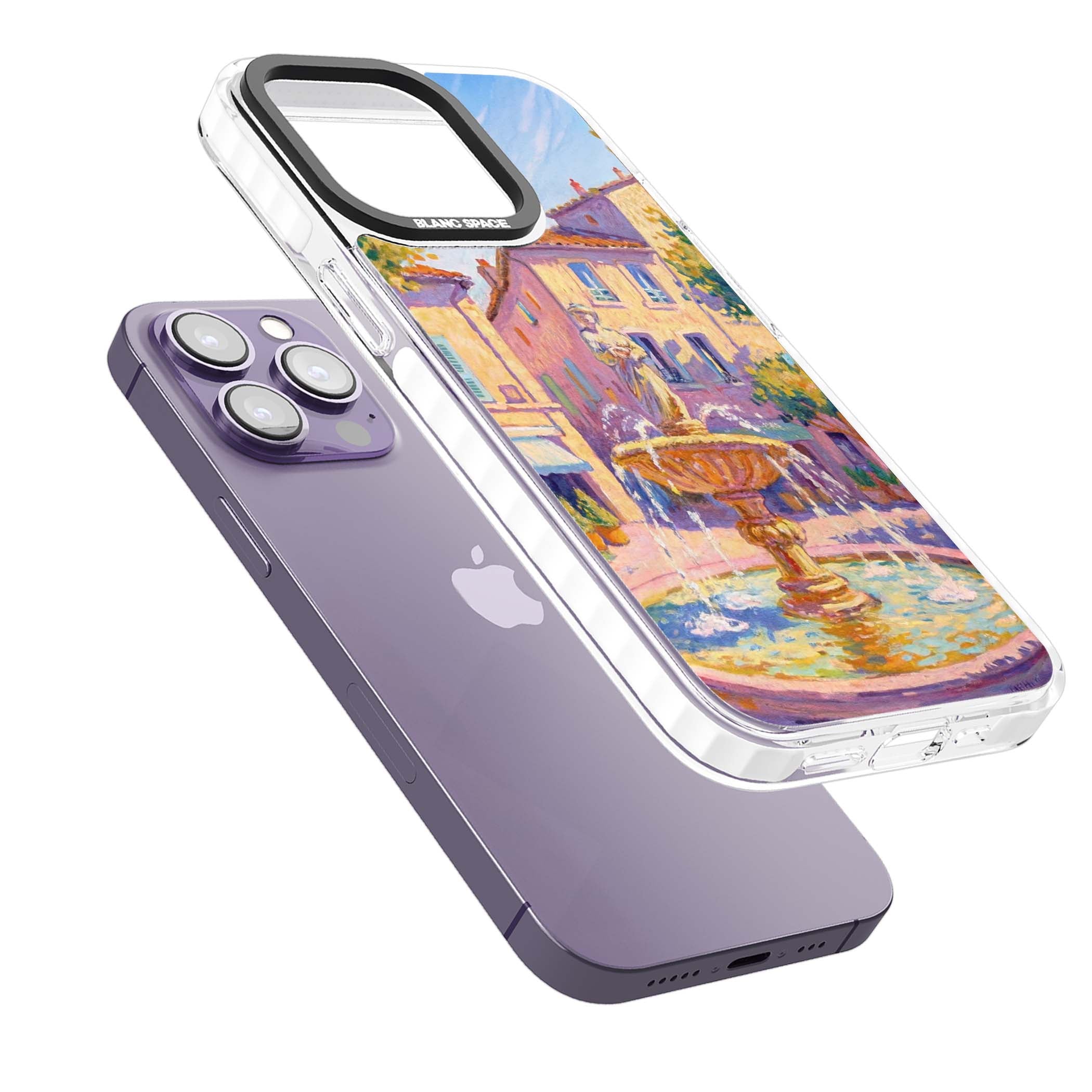 Fountain Square fine art iPhone case featuring an impressionist Provençal fountain, pastel village buildings and summe | Clear Impact case for iPhone 13 Pro, iPhone 14 Pro, iPhone 15 Pro