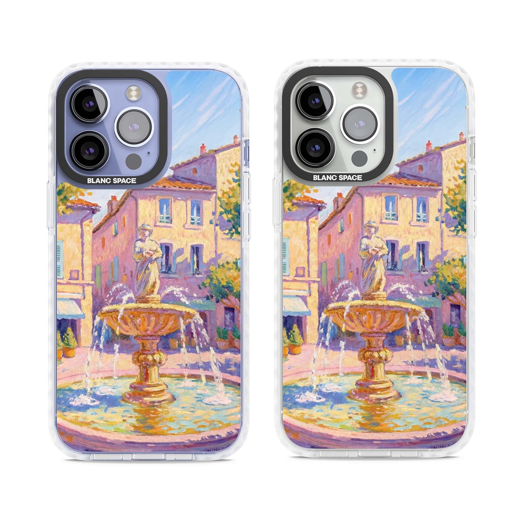 Fountain Square fine art iPhone case featuring an impressionist Provençal fountain, pastel village buildings and summe | Clear Impact case for iPhone 13 Pro, iPhone 14 Pro, iPhone 15 Pro