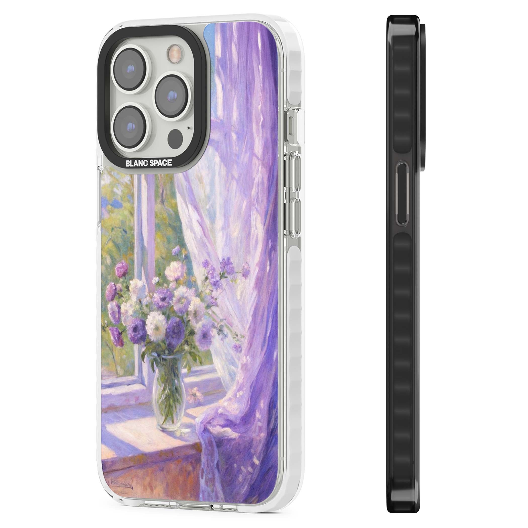 A Provence Morning impressionist art iPhone case featuring a vase of purple flowers, sunlit window and sheer curt | Clear Impact case for iPhone 13 Pro, iPhone 14 Pro, iPhone 15 Pro
