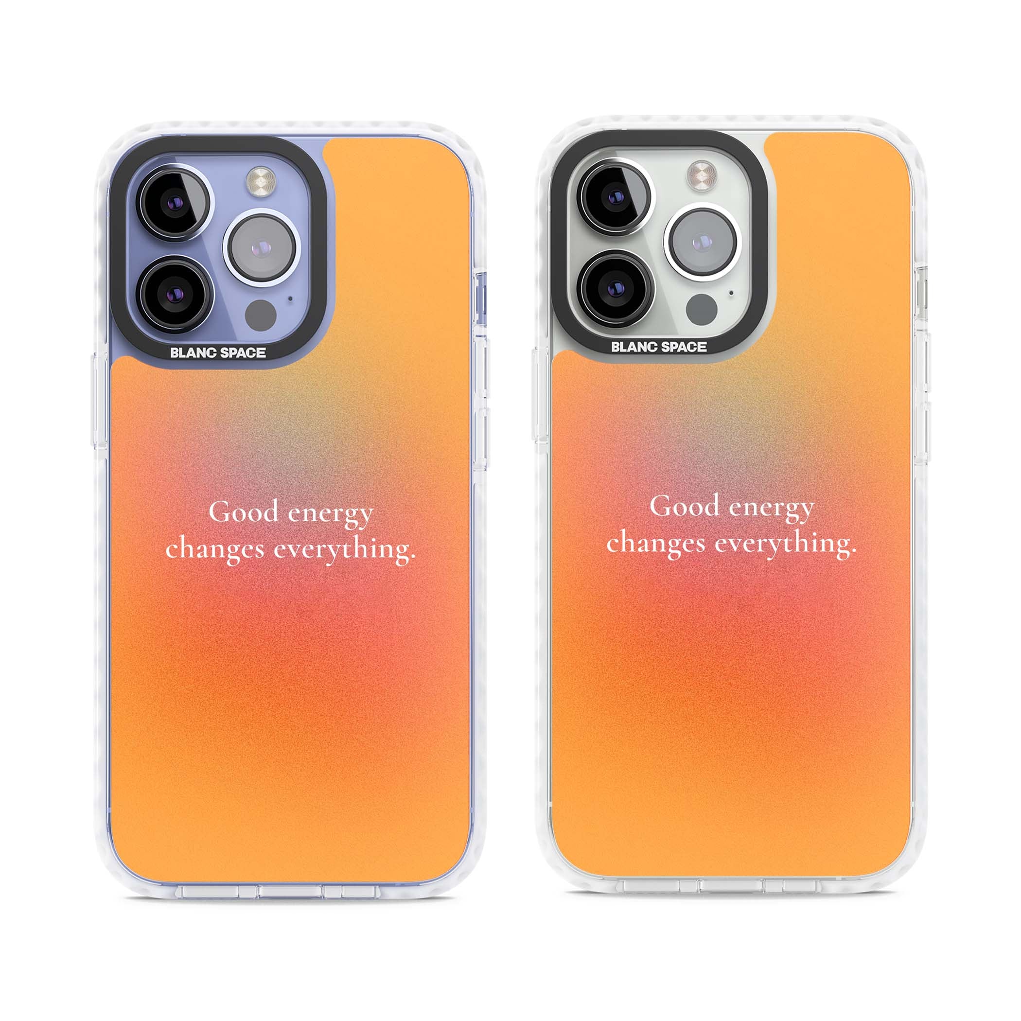 Good Energy quote iPhone case featuring an orange and pink aura gradient with white serif affirmation text | Impact Magsafe case for iPhone 13 Pro, iPhone 14 Pro, iPhone 15 Pro