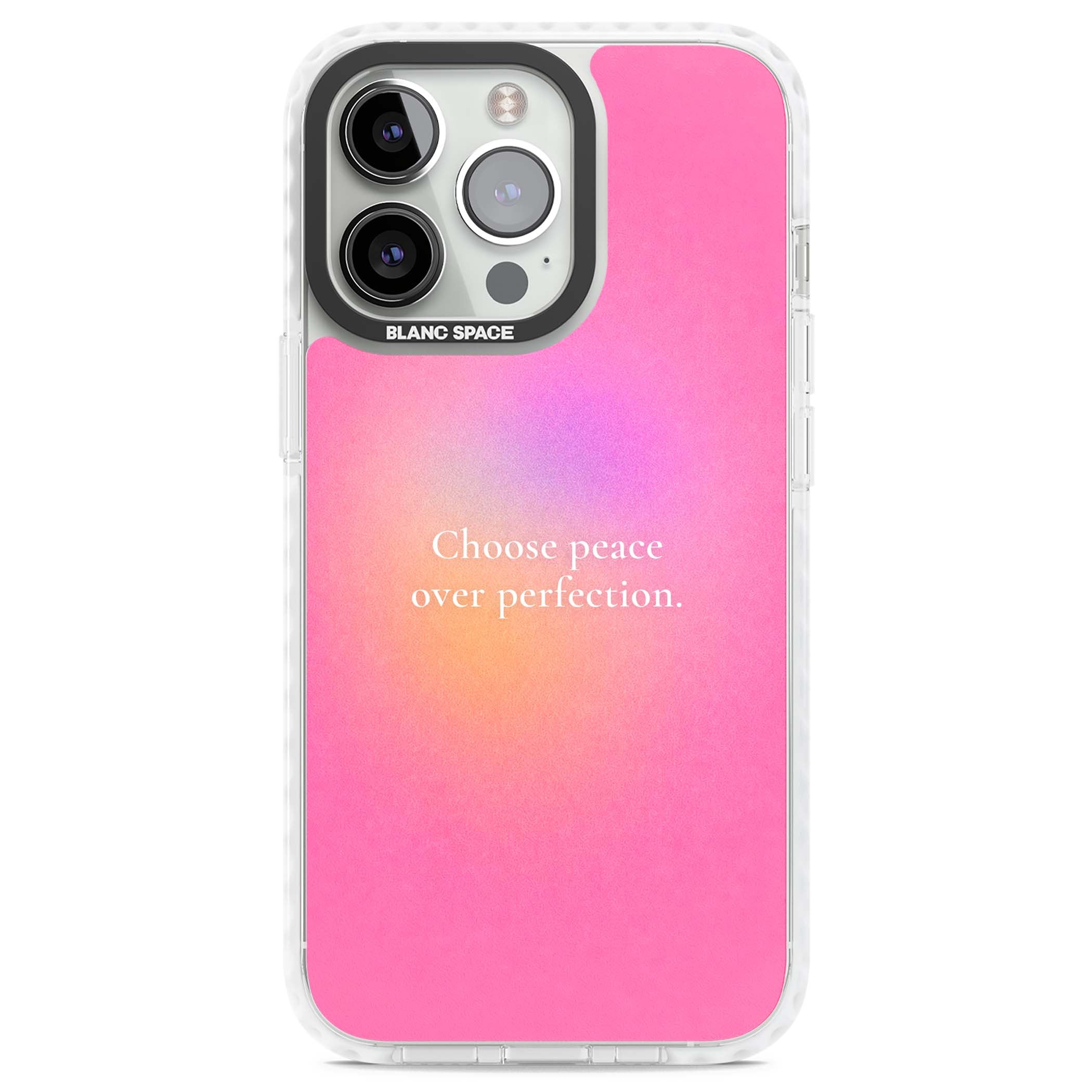 Peace Over Perfection quote iPhone case featuring a dreamy pink aura gradient and delicate white affirmation text | Impact Magsafe case for iPhone 13 Pro, iPhone 14 Pro, iPhone 15 Pro
