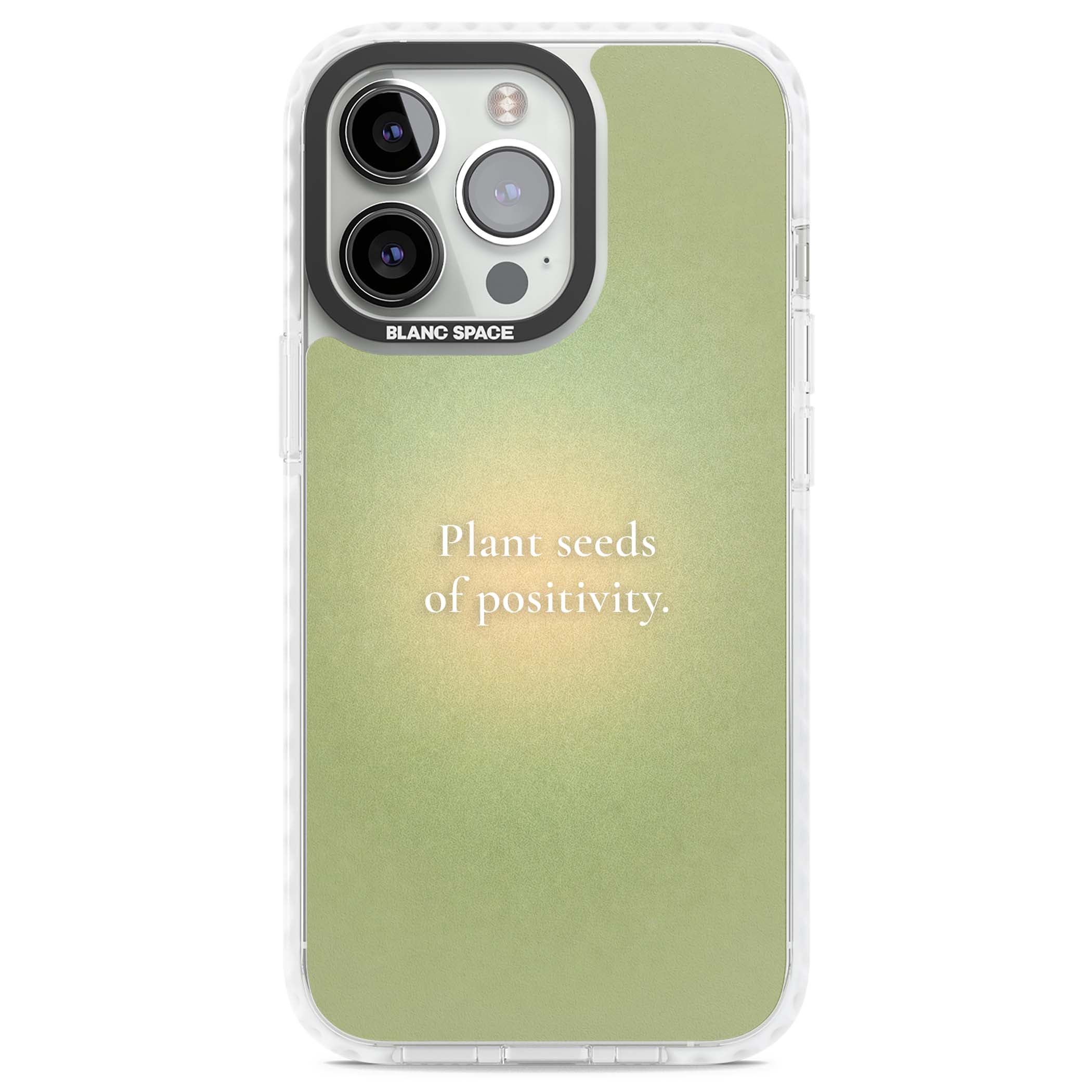 Seeds of Positivity quote iPhone case featuring a sage green aura gradient and golden glow affirmation | Impact Magsafe case for iPhone 13 Pro, iPhone 14 Pro, iPhone 15 Pro