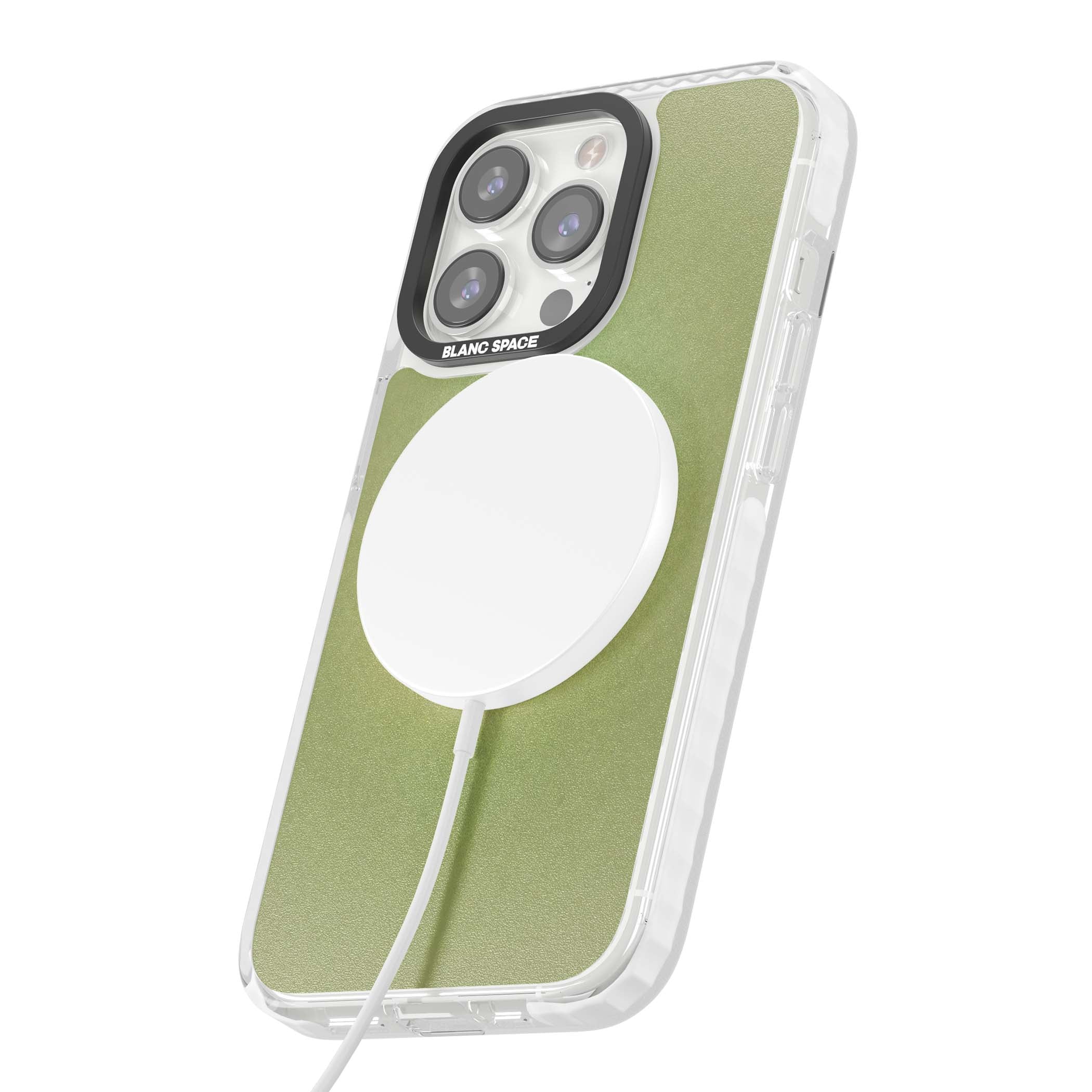 Seeds of Positivity quote iPhone case featuring a sage green aura gradient and golden glow affirmation | Impact Magsafe case for iPhone 13 Pro, iPhone 14 Pro, iPhone 15 Pro