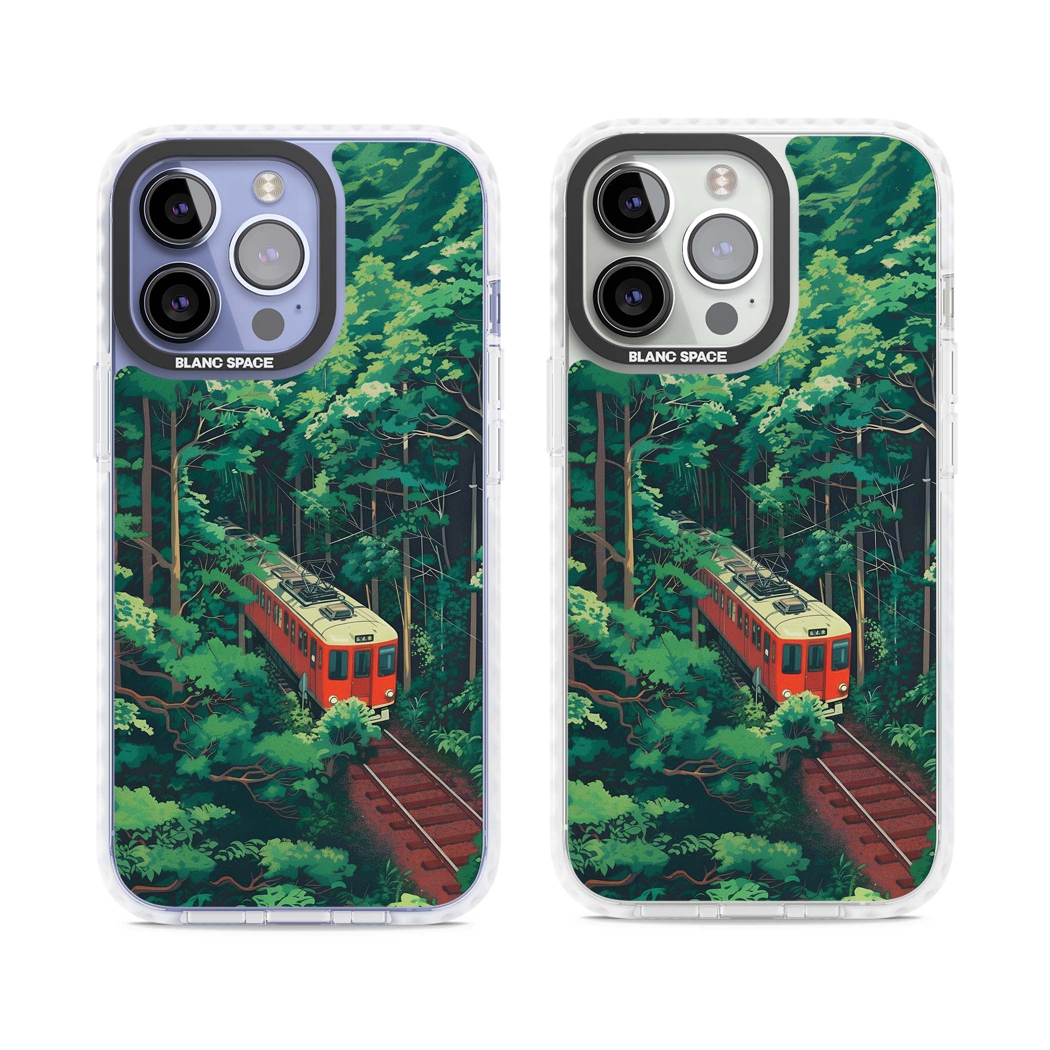 Railway In Toyama Japanese iPhone case featuring a red train, cedar forest and winding mountain railway tracks | Impact Magsafe case for iPhone 13 Pro, iPhone 14 Pro, iPhone 15 Pro