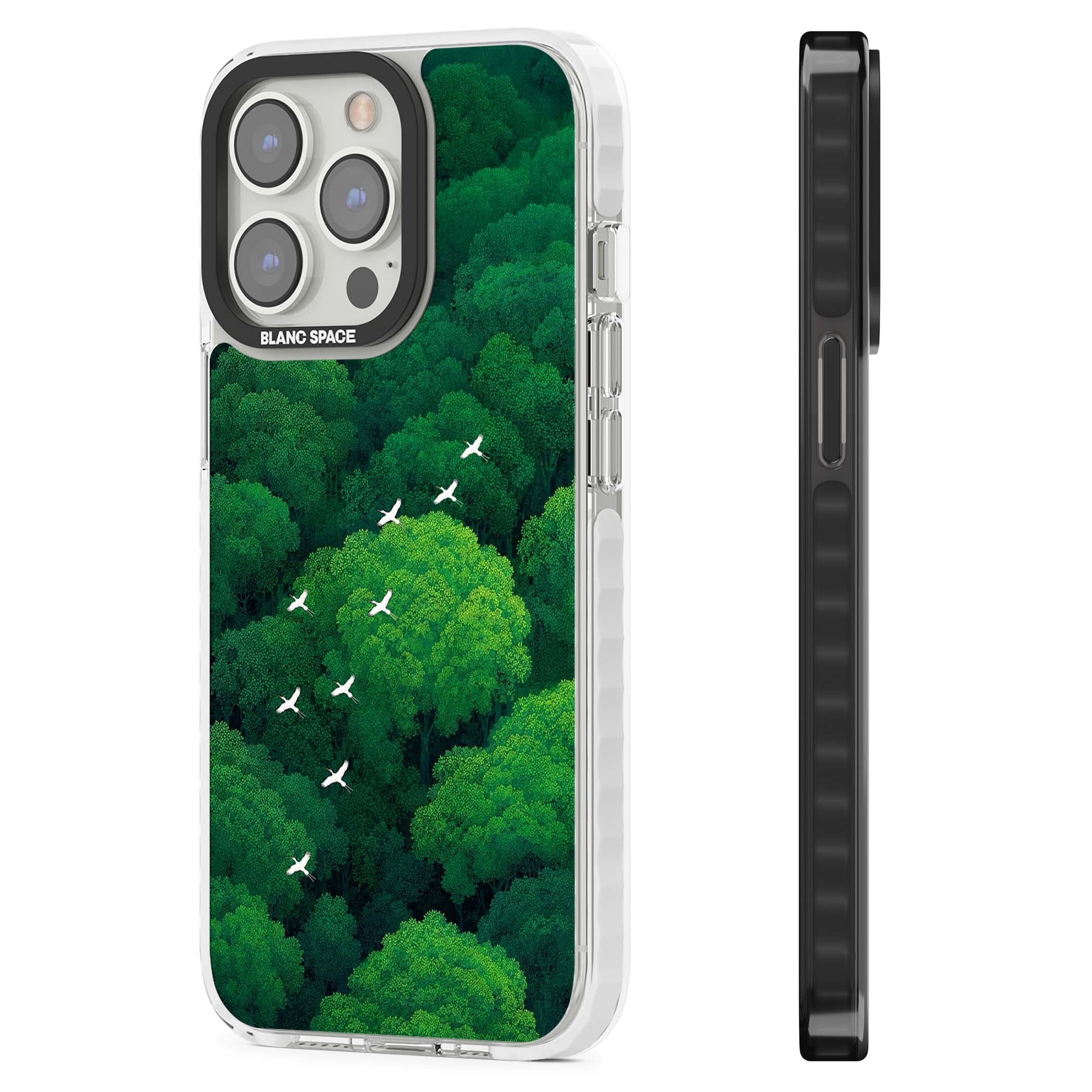 Grove Migration forest iPhone case featuring white cranes flying over lush green treetop canopy | Impact Magsafe case for iPhone 13 Pro, iPhone 14 Pro, iPhone 15 Pro