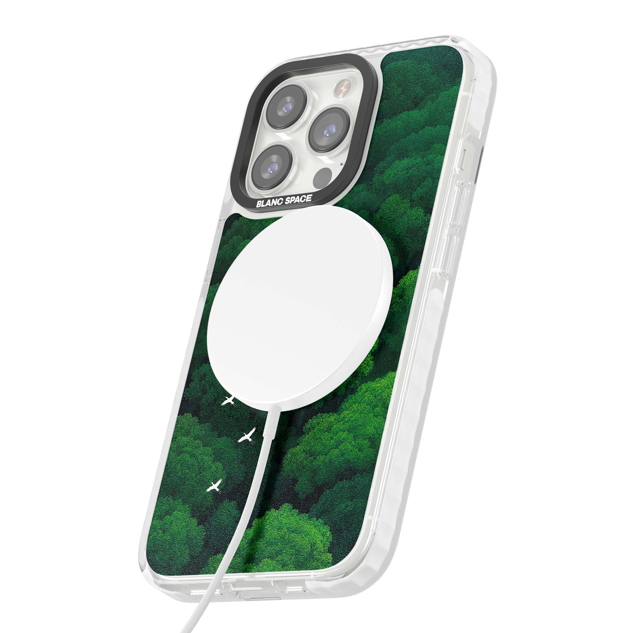 Grove Migration forest iPhone case featuring white cranes flying over lush green treetop canopy | Impact Magsafe case for iPhone 13 Pro, iPhone 14 Pro, iPhone 15 Pro