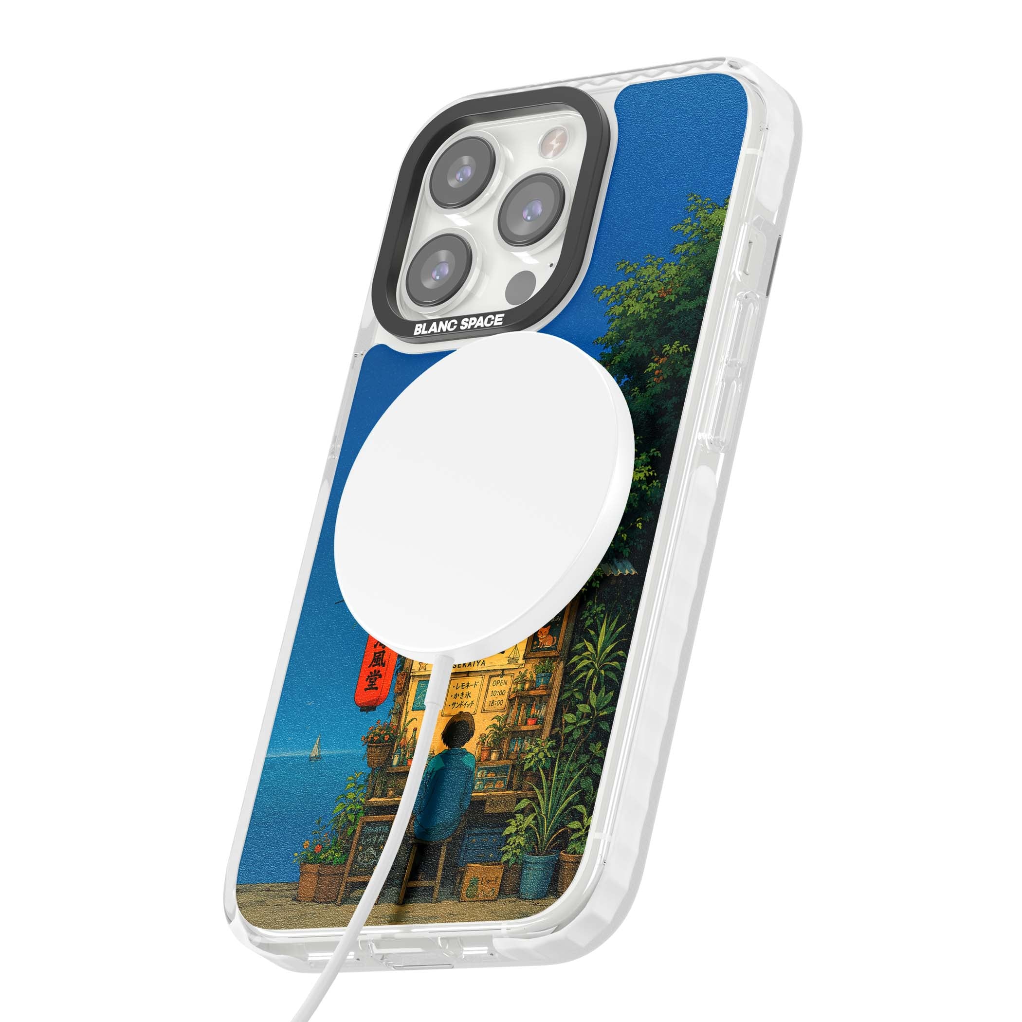 The Shirahama Kiosk anime iPhone case featuring a Japanese seaside shop, red paper lantern and ocean view | Impact Magsafe case for iPhone 13 Pro, iPhone 14 Pro, iPhone 15 Pro