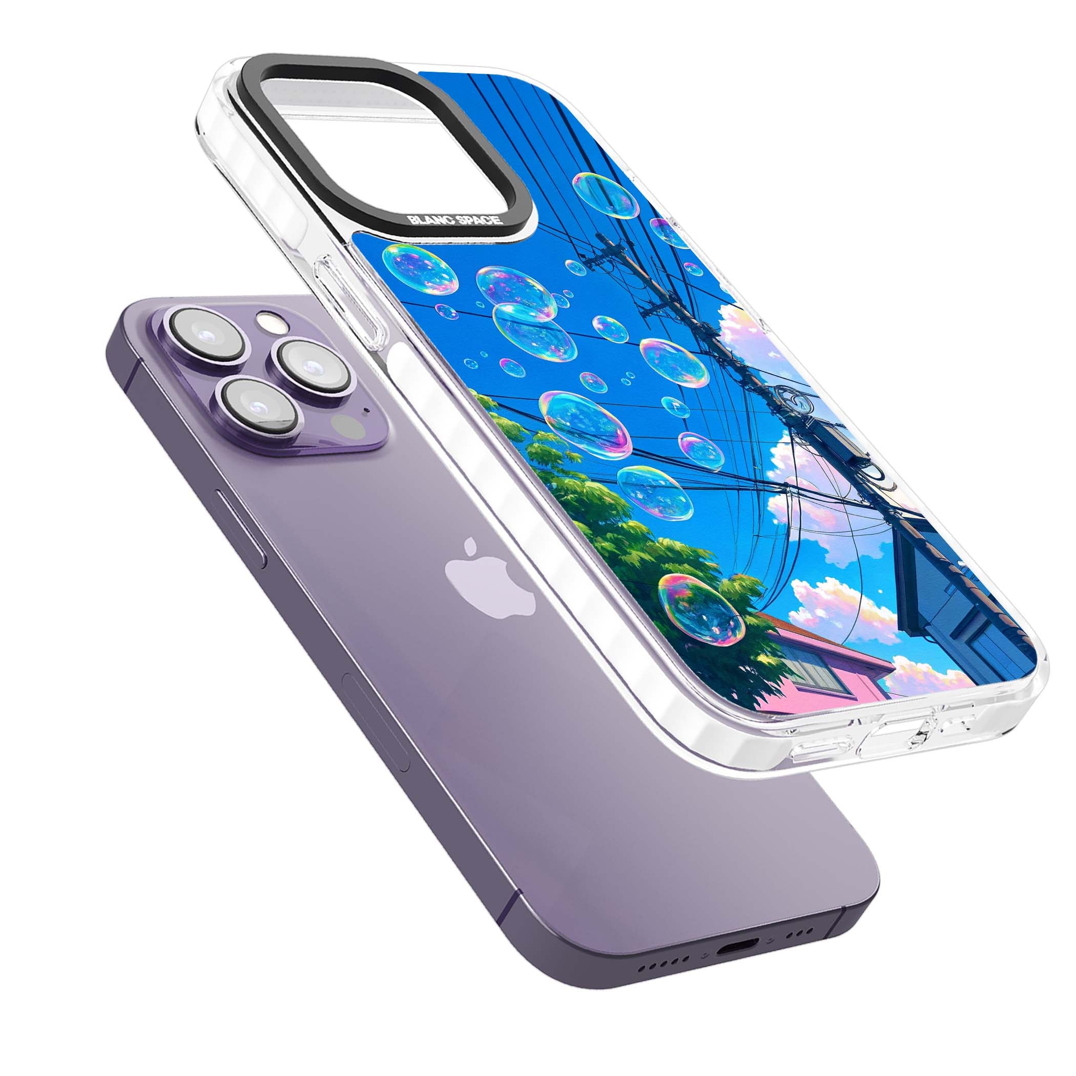 Suburban Bubbles anime iPhone case featuring iridescent soap bubbles, blue sky and Japanese telephone wires | Impact Magsafe case for iPhone 13 Pro, iPhone 14 Pro, iPhone 15 Pro