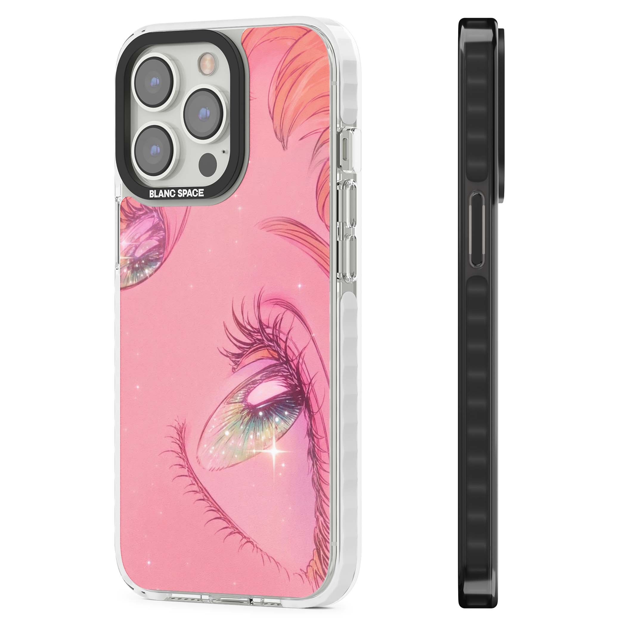 Pink Ethereal Gaze anime iPhone case featuring sparkling manga eyes, coral lashes and dreamy peach sky | Impact Magsafe case for iPhone 13 Pro, iPhone 14 Pro, iPhone 15 Pro