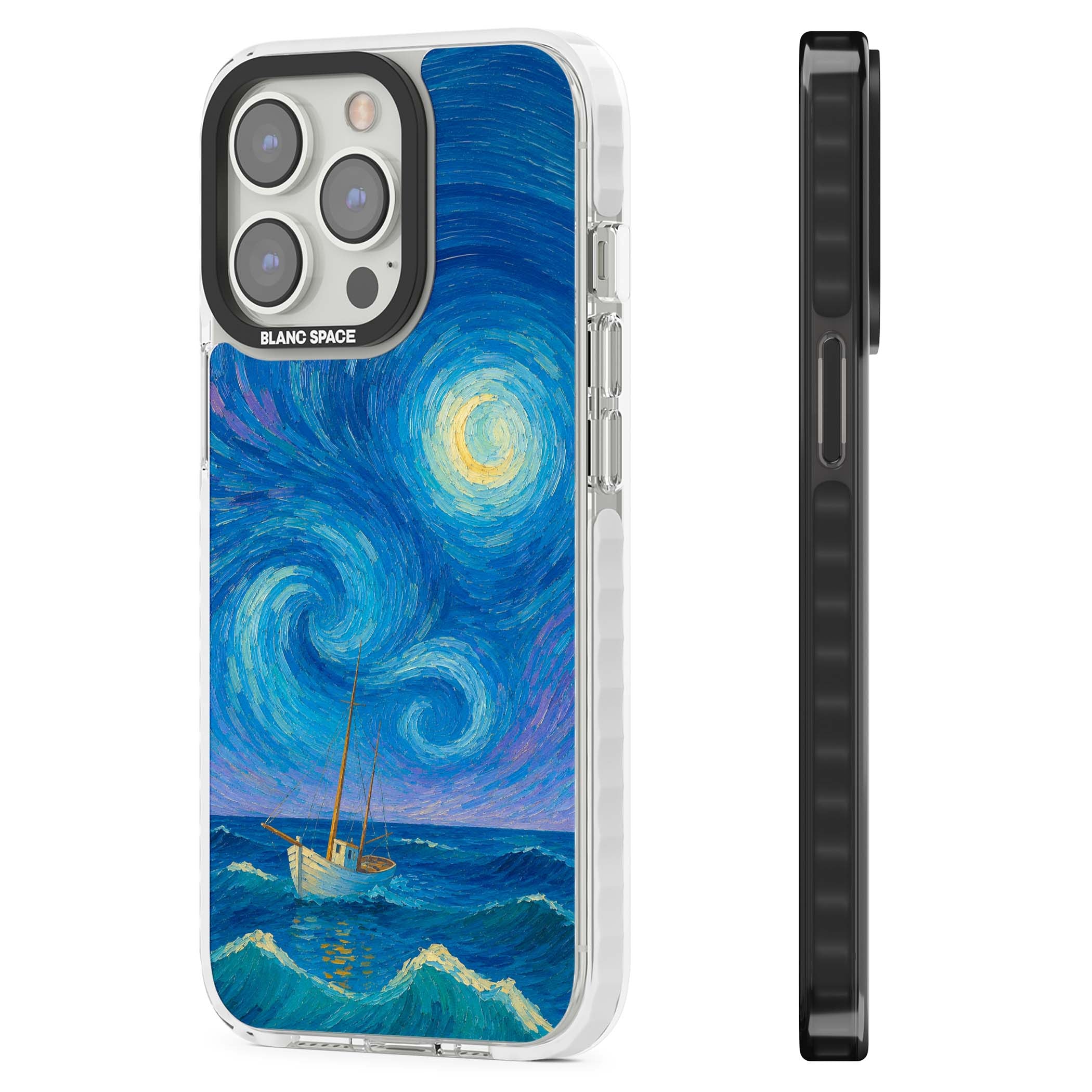 Moonlit Tide Van Gogh art iPhone case featuring swirling starry night sky, glowing moon and lone sailing boat at sea | Impact Magsafe case for iPhone 13 Pro, iPhone 14 Pro, iPhone 15 Pro