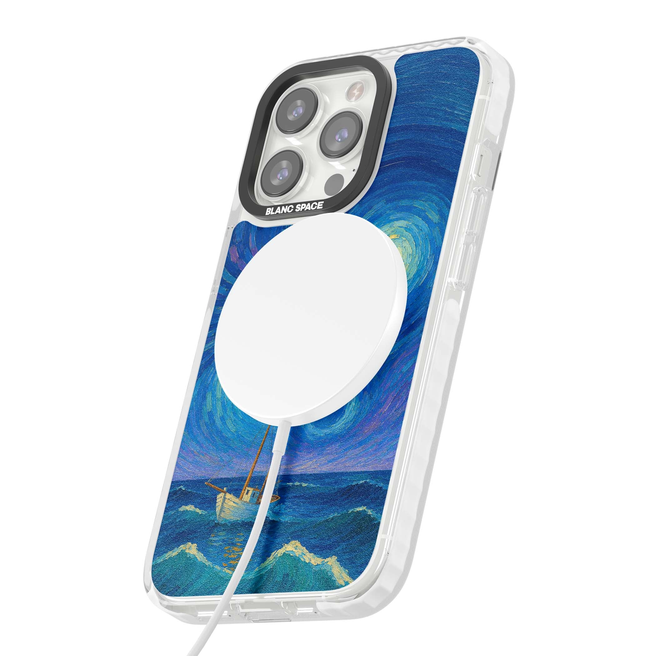 Moonlit Tide Van Gogh art iPhone case featuring swirling starry night sky, glowing moon and lone sailing boat at sea | Impact Magsafe case for iPhone 13 Pro, iPhone 14 Pro, iPhone 15 Pro