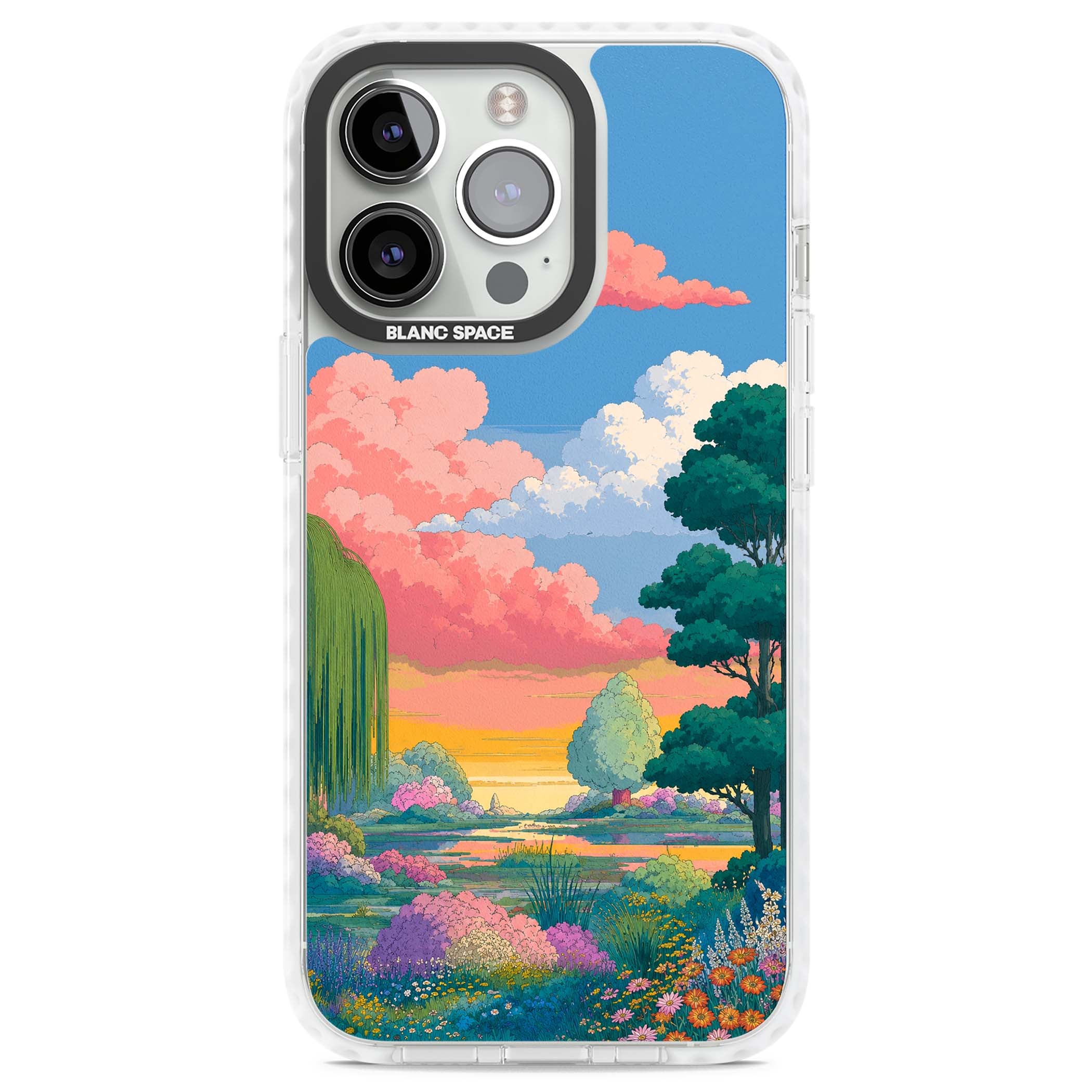 Dream Valley anime landscape iPhone case featuring pink sunset clouds, willow trees and wildflowers | Impact Magsafe case for iPhone 13 Pro, iPhone 14 Pro, iPhone 15 Pro