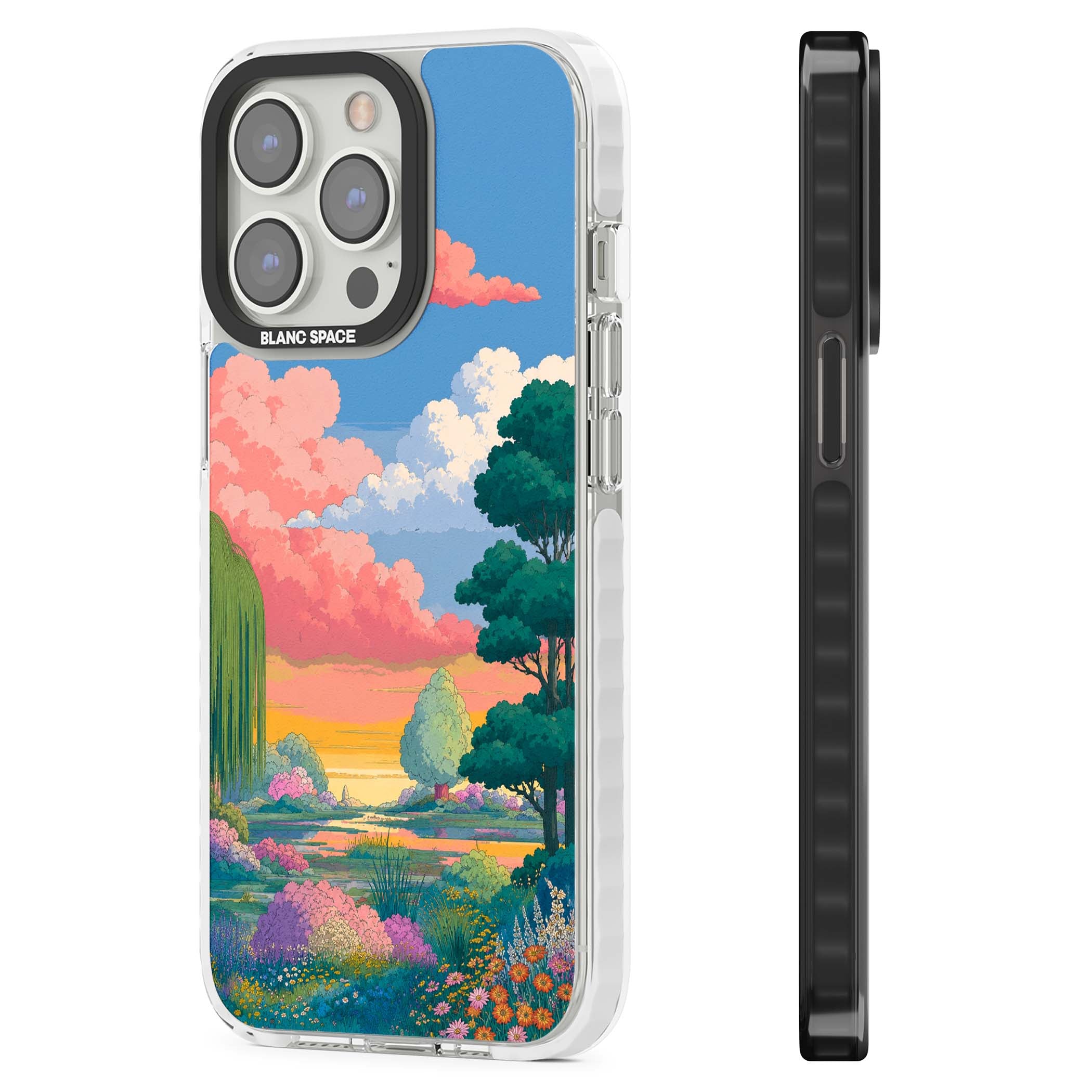 Dream Valley anime landscape iPhone case featuring pink sunset clouds, willow trees and wildflowers | Impact Magsafe case for iPhone 13 Pro, iPhone 14 Pro, iPhone 15 Pro