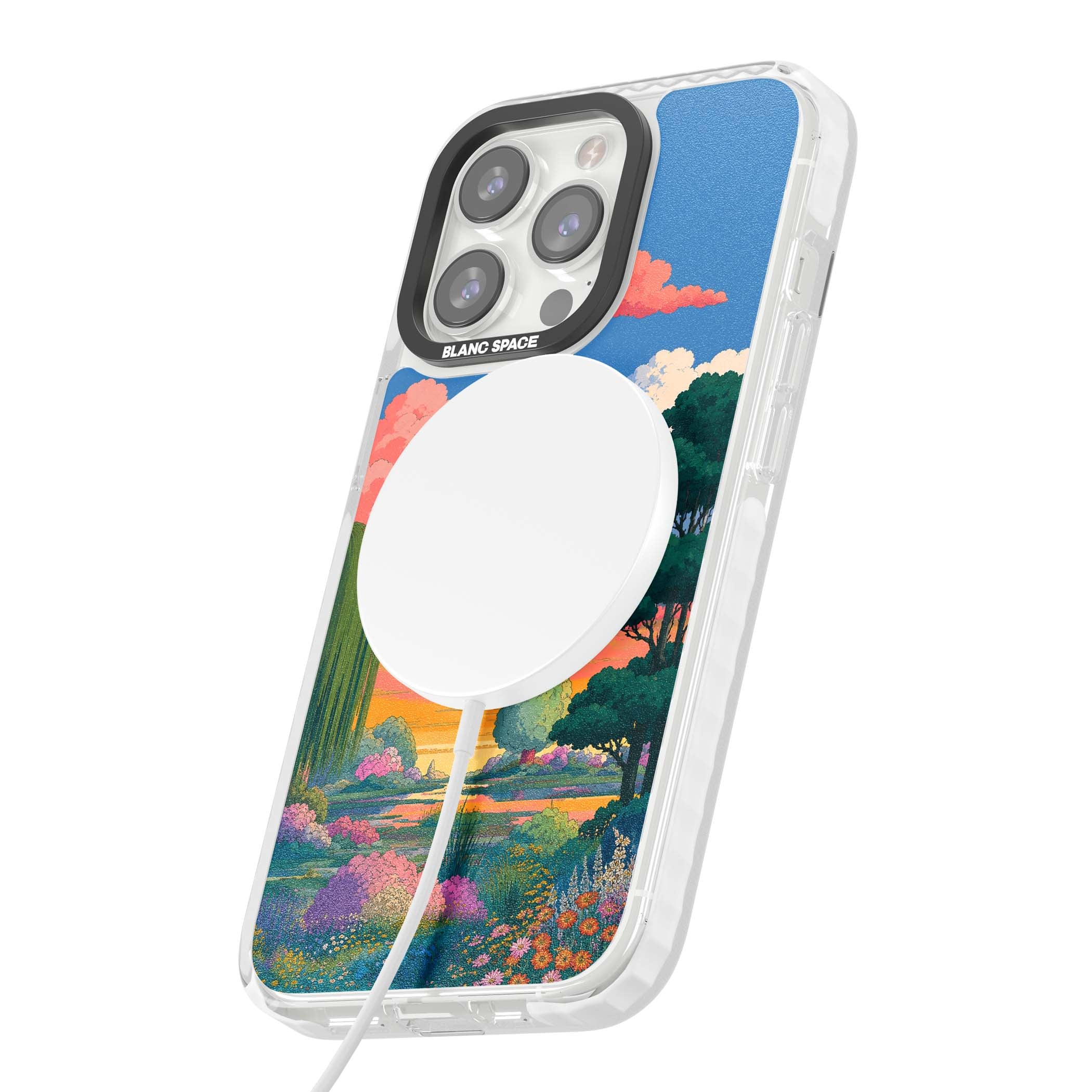 Dream Valley anime landscape iPhone case featuring pink sunset clouds, willow trees and wildflowers | Impact Magsafe case for iPhone 13 Pro, iPhone 14 Pro, iPhone 15 Pro