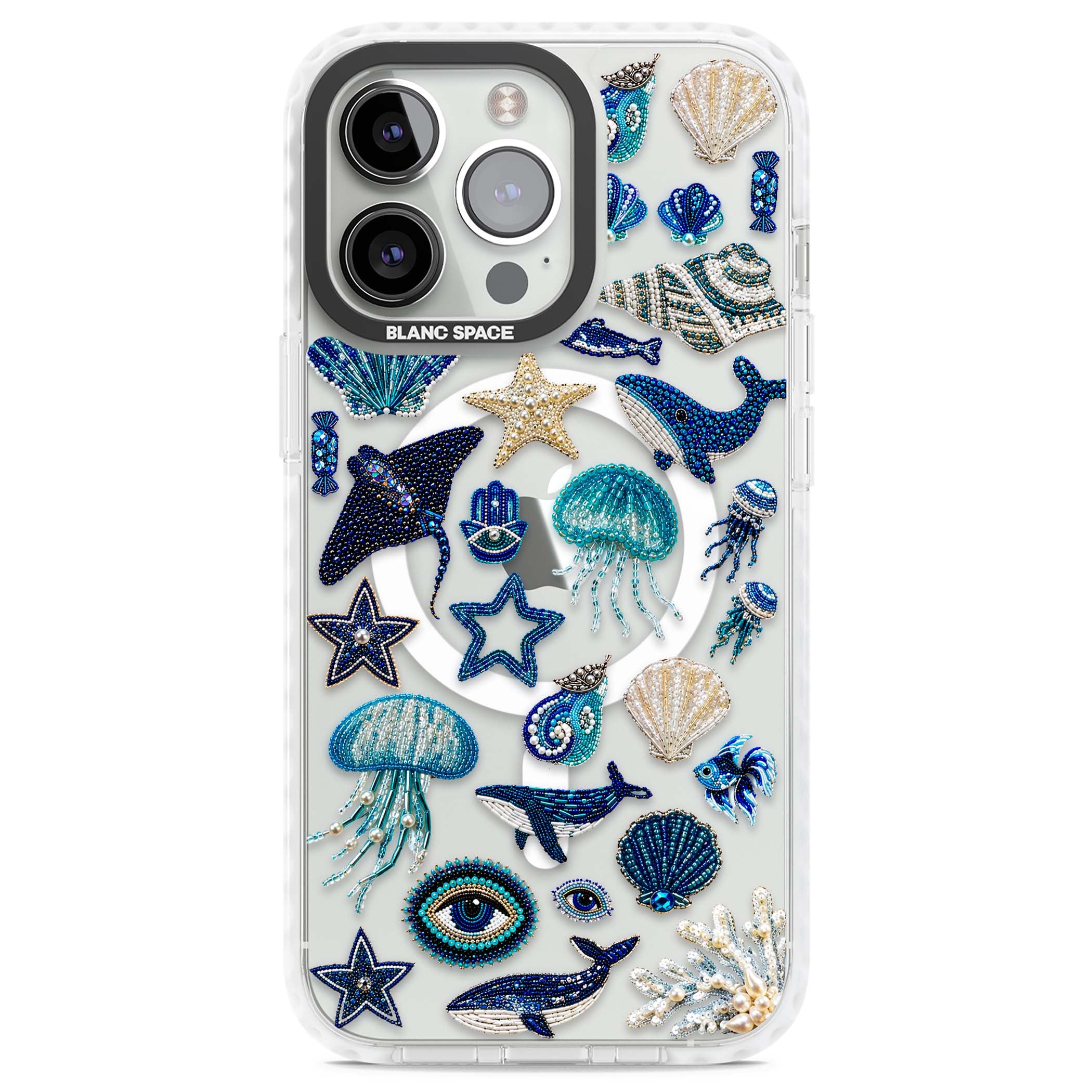 Beaded Coastal coastal iPhone case featuring embroidered seashells, jellyfish and a blue whale on clear | Impact Magsafe case for iPhone 13 Pro, iPhone 14 Pro, iPhone 15 Pro