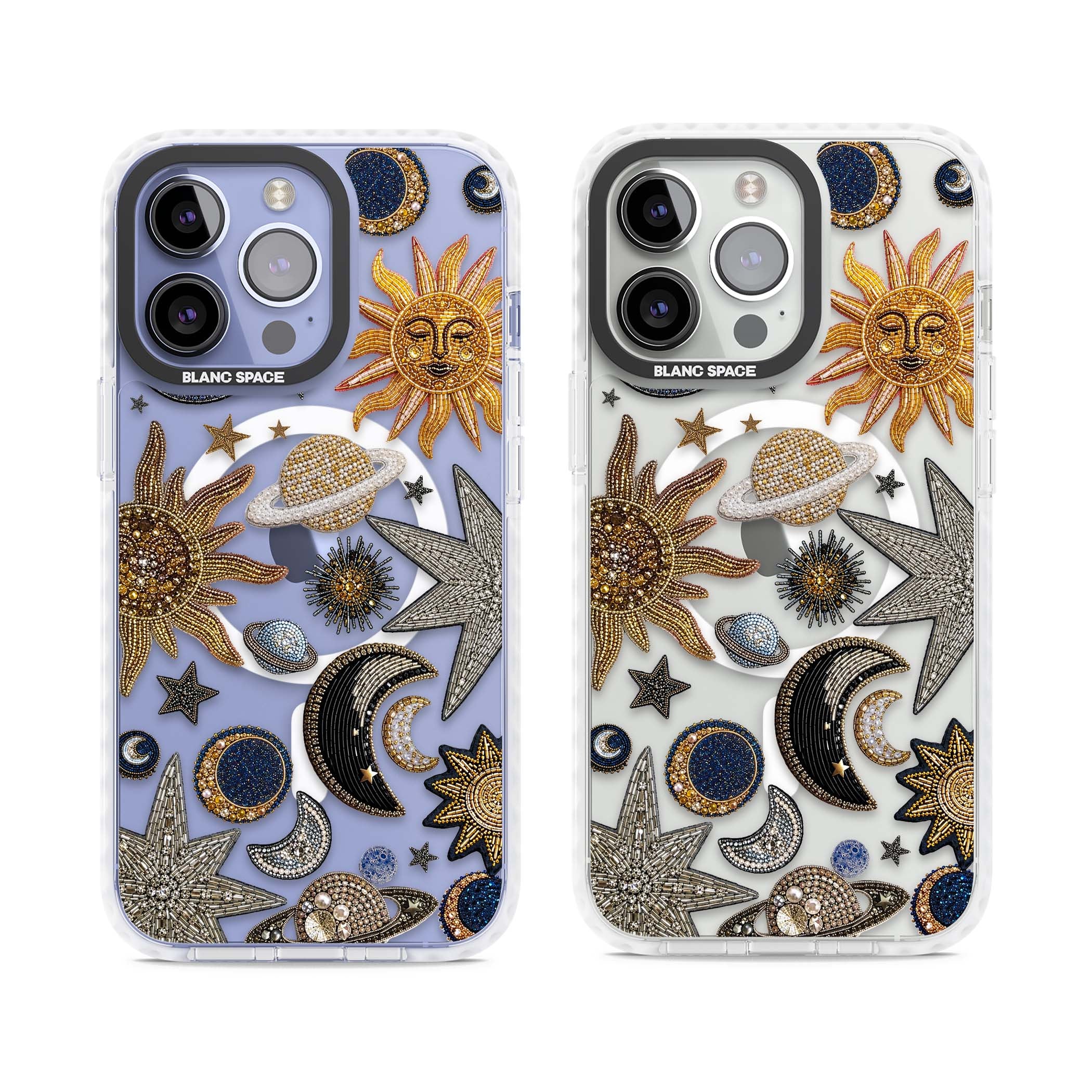 Beaded Cosmos celestial iPhone case featuring embroidered golden suns, beaded planets and silver shooting stars | Impact Magsafe case for iPhone 13 Pro, iPhone 14 Pro, iPhone 15 Pro