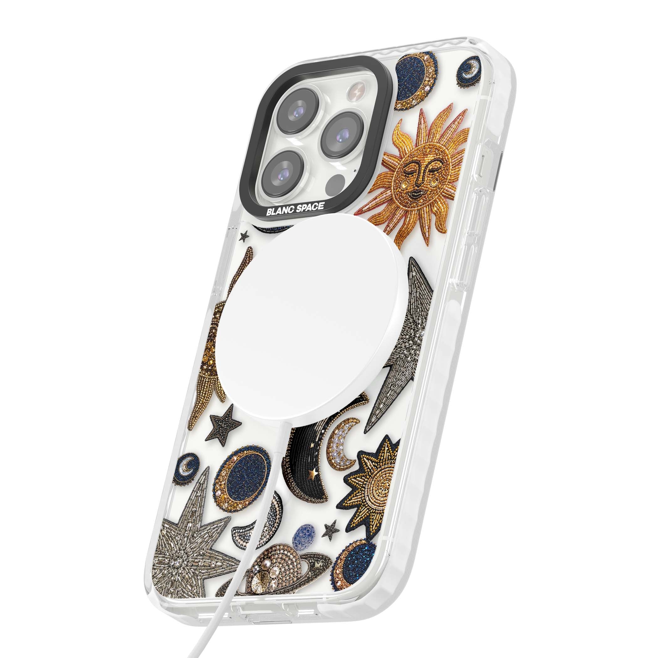 Beaded Cosmos celestial iPhone case featuring embroidered golden suns, beaded planets and silver shooting stars | Impact Magsafe case for iPhone 13 Pro, iPhone 14 Pro, iPhone 15 Pro