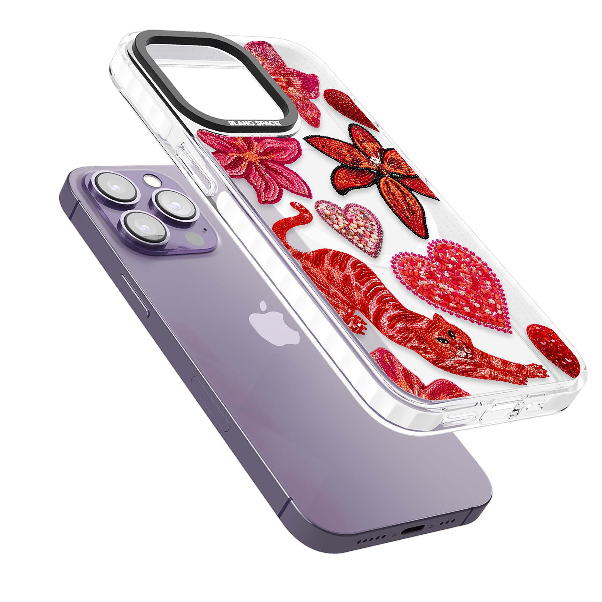 Beaded Boho floral iPhone case featuring beaded red lilies, a stitched tiger, and pearl-encrusted hearts on clear | Impact Magsafe case for iPhone 13 Pro, iPhone 14 Pro, iPhone 15 Pro