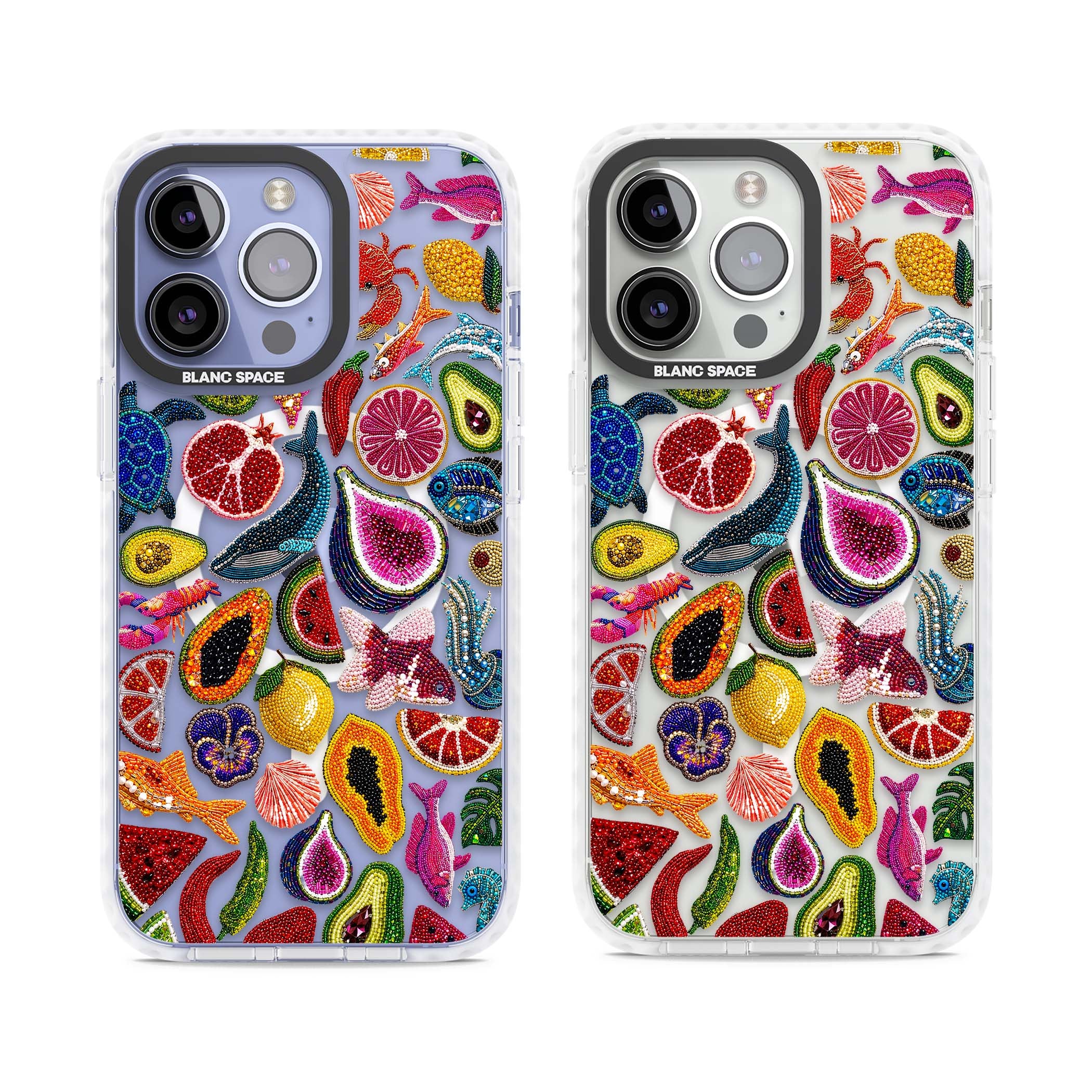 Beaded Tropic tropical iPhone case featuring beaded fruit, fish, crabs and seashells in vibrant colour | Impact Magsafe case for iPhone 13 Pro, iPhone 14 Pro, iPhone 15 Pro