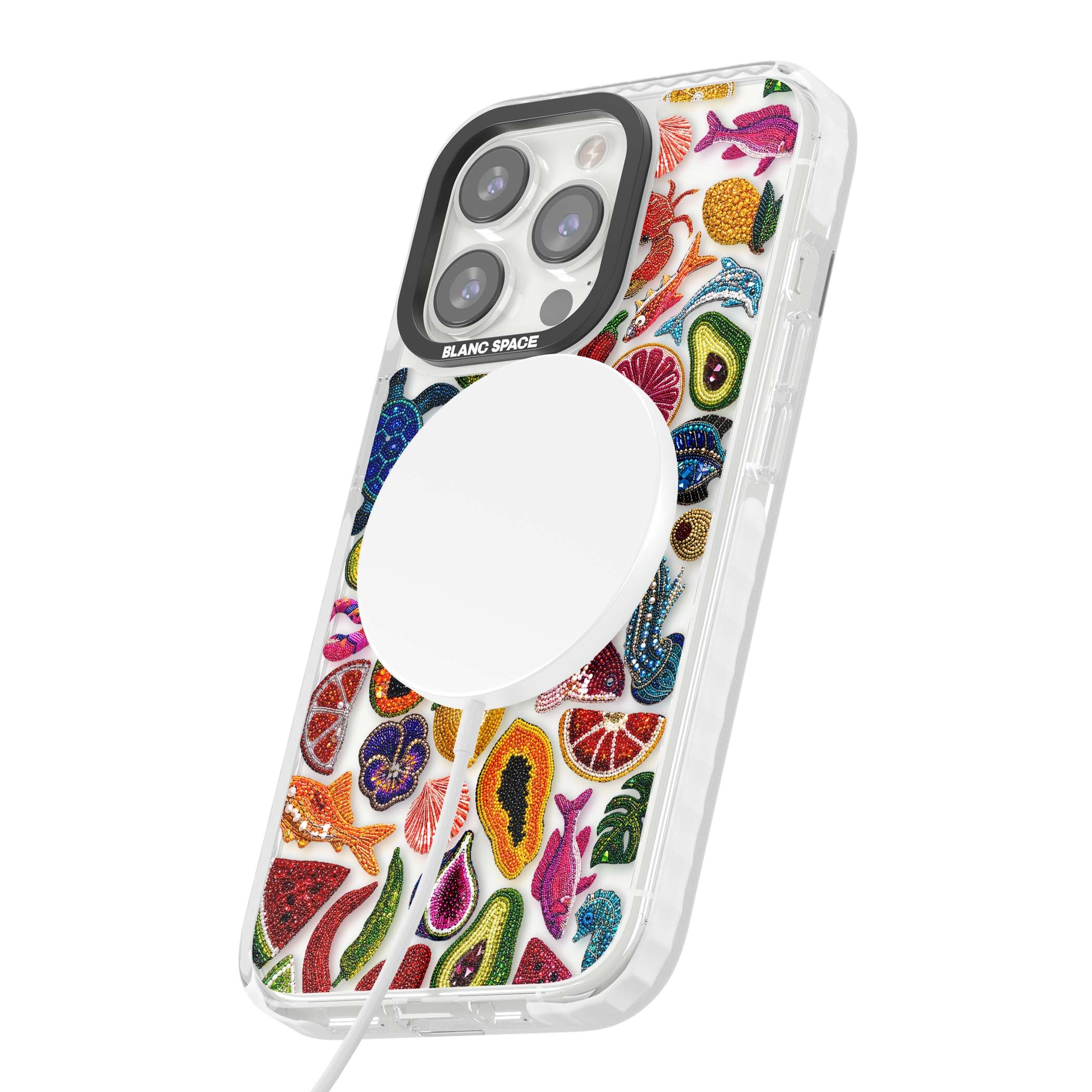 Beaded Tropic tropical iPhone case featuring beaded fruit, fish, crabs and seashells in vibrant colour | Impact Magsafe case for iPhone 13 Pro, iPhone 14 Pro, iPhone 15 Pro