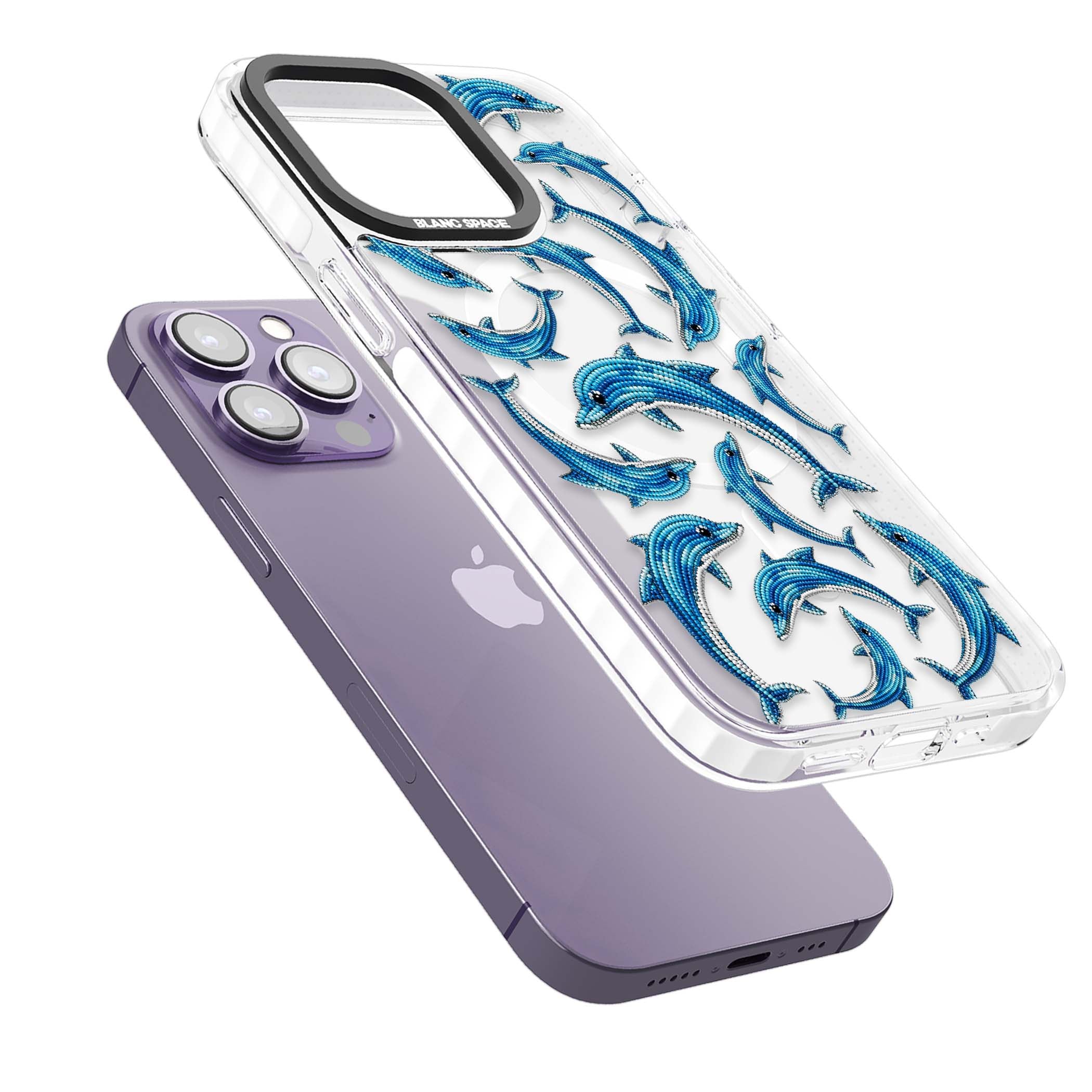 Beaded Dolphins coastal iPhone case featuring beaded dolphins in blue and white swimming across a clear background | Impact Magsafe case for iPhone 13 Pro, iPhone 14 Pro, iPhone 15 Pro
