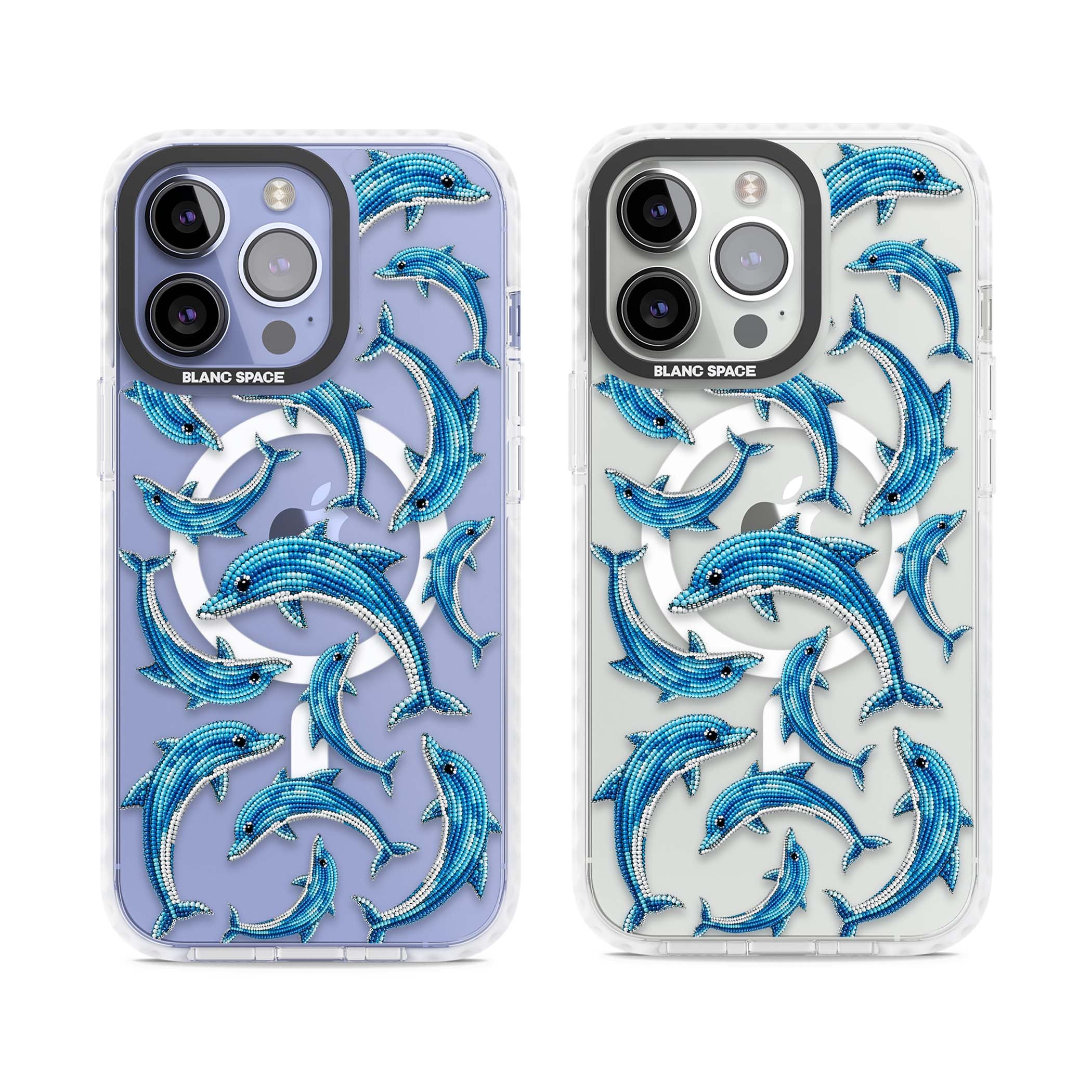 Beaded Dolphins coastal iPhone case featuring beaded dolphins in blue and white swimming across a clear background | Impact Magsafe case for iPhone 13 Pro, iPhone 14 Pro, iPhone 15 Pro